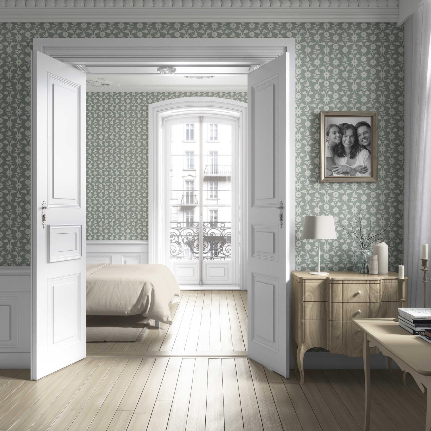 Modern Floral/ Botanical Living Room Wallpaper (Green-Gray/ White)