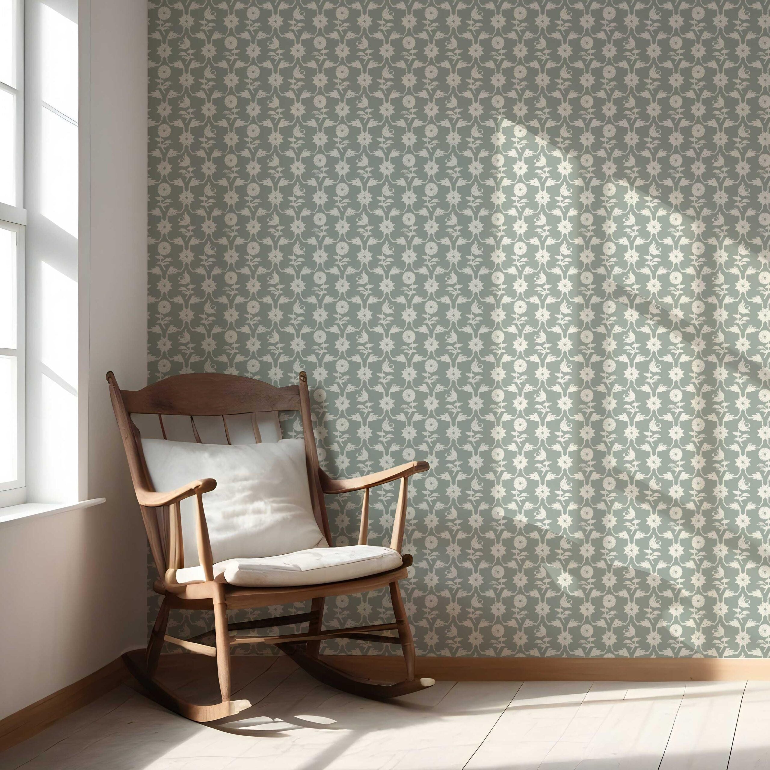 Modern Floral/ Botanical Nursery Wallpaper (Green-Gray/ White)