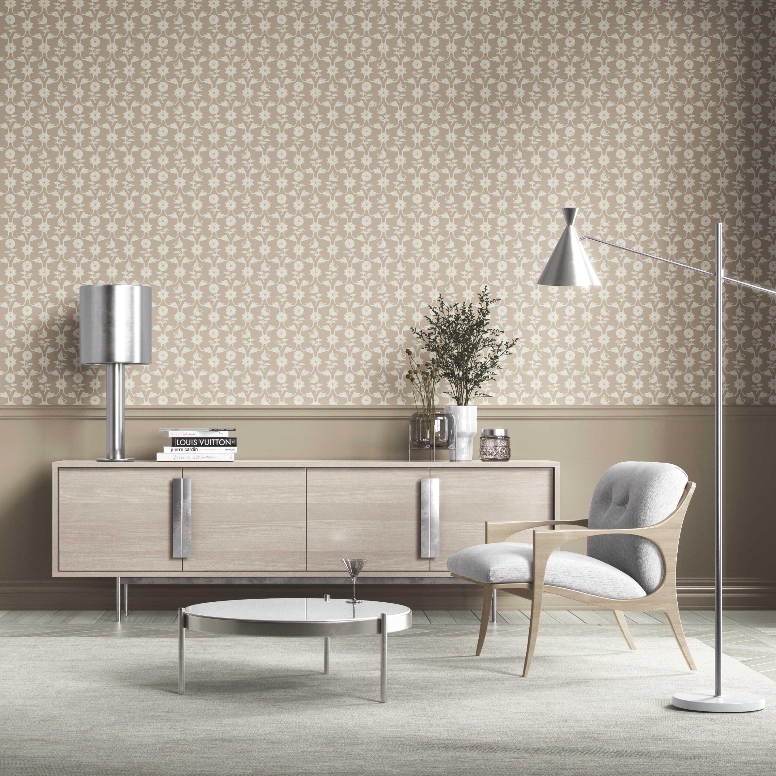 Neutral Toned Modern Floral/ Botanical Kitchen Wallpaper Sample (Beige/ White)