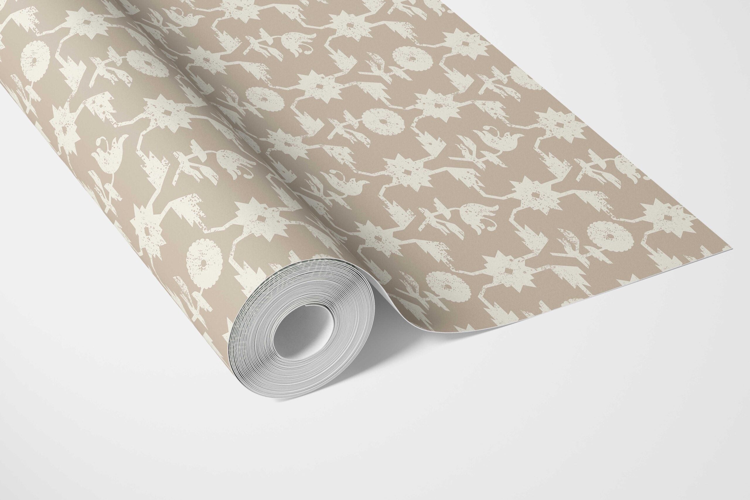 Neutral Toned Modern Floral/ Botanical Bathroom Wallpaper Sample (Beige/ White)