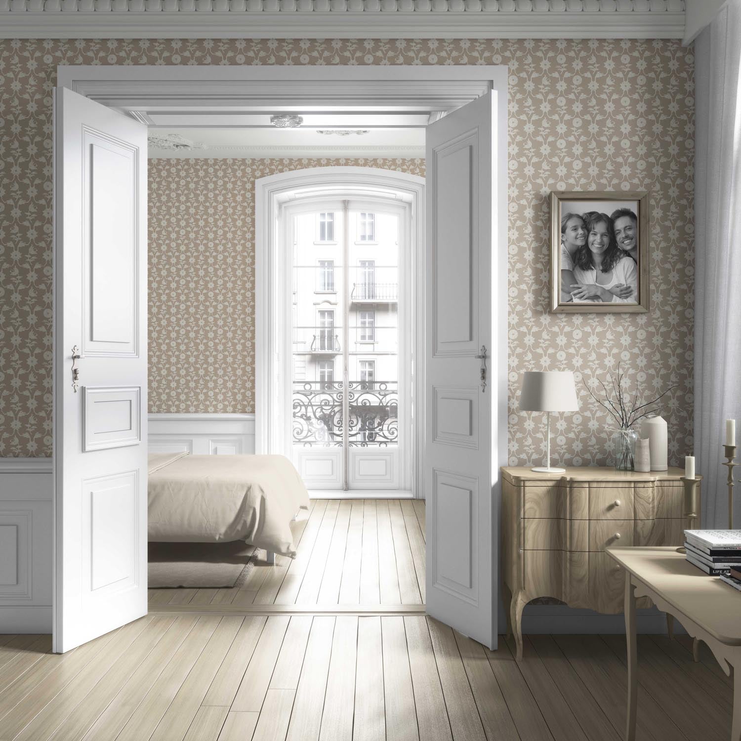 Neutral Toned Modern Floral/ Botanical Living Room Wallpaper Sample (Beige/ White)
