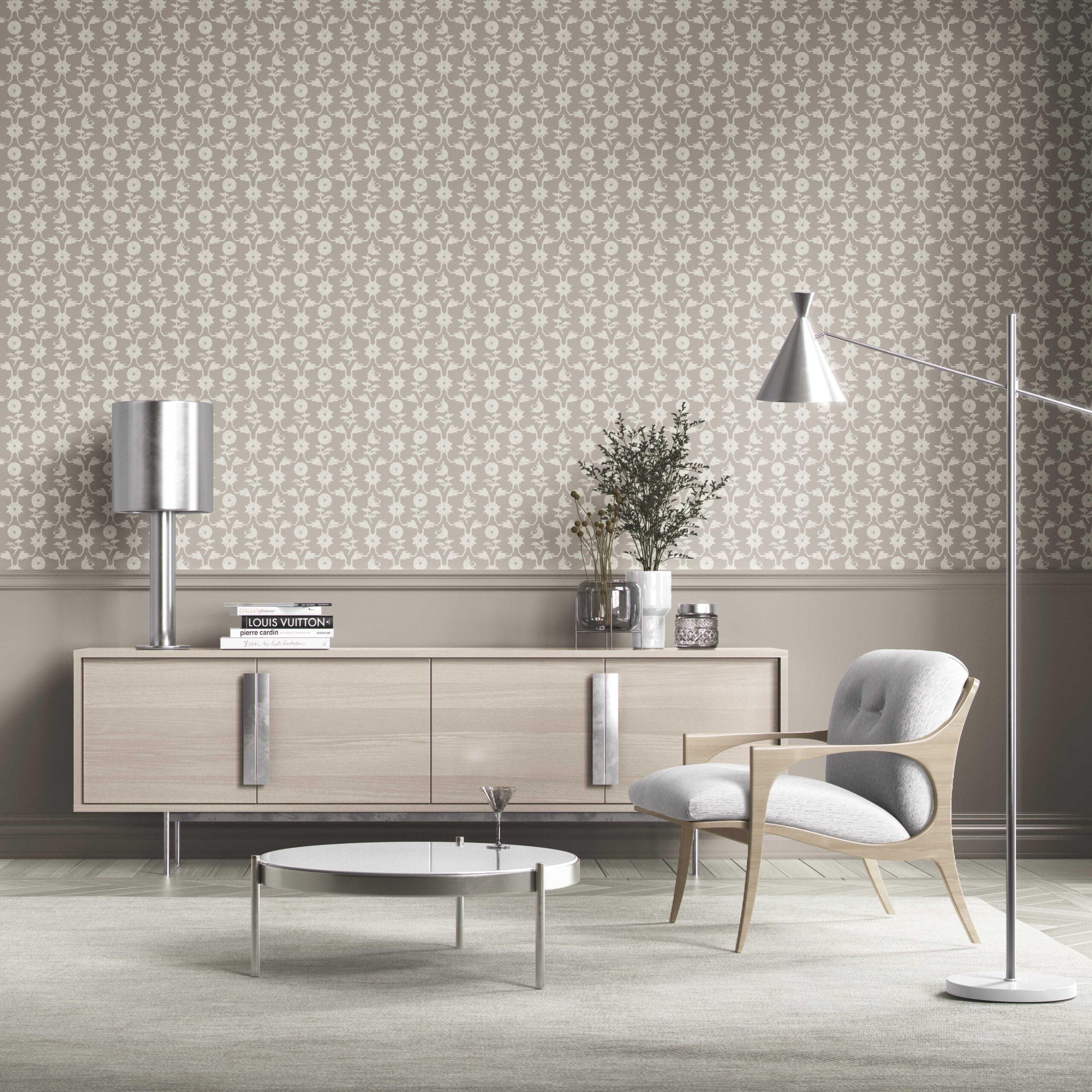 Neutral Toned Modern Floral/ Botanical Kitchen Wallpaper (Gray/ Greige/ White)