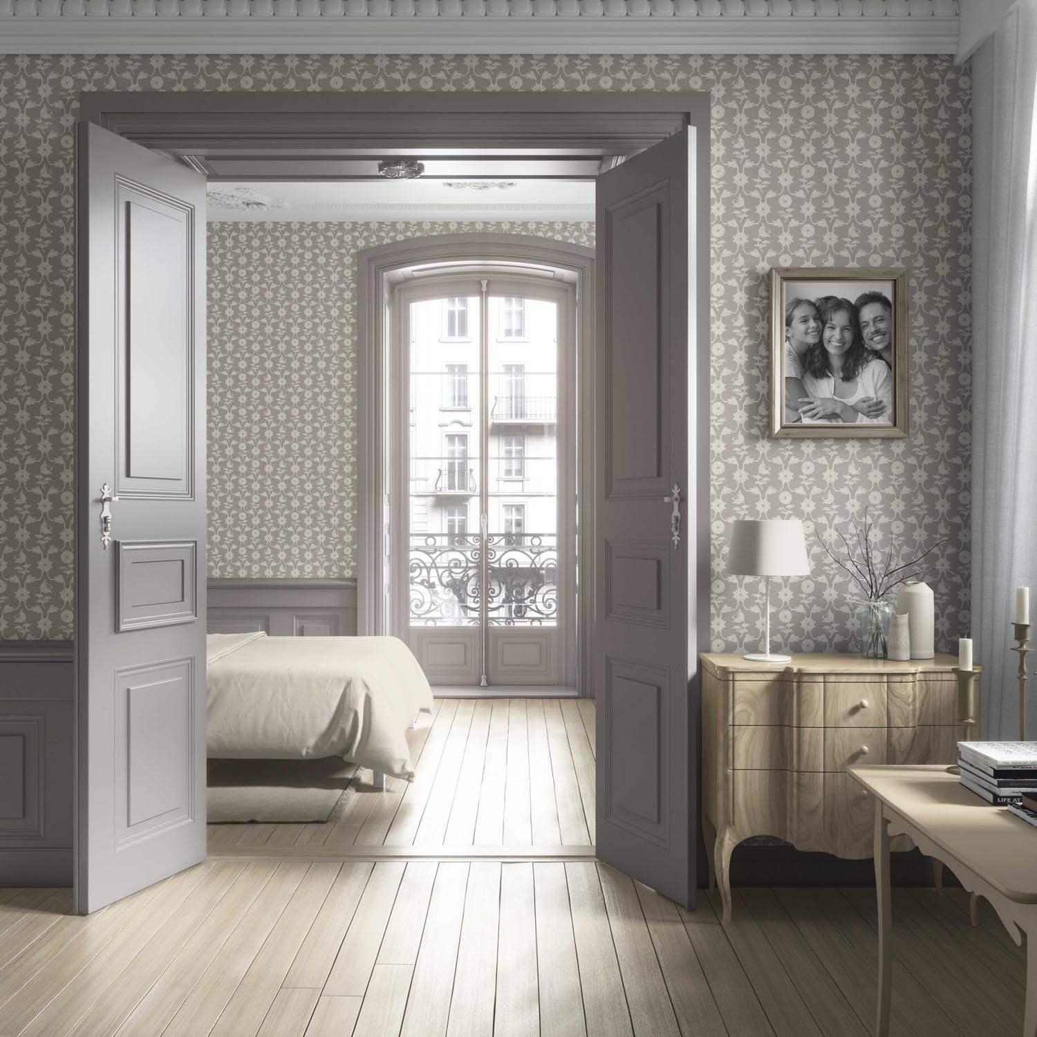 Neutral Toned Modern Floral/ Botanical Living Room Wallpaper Sample (Gray/ Greige/ White)