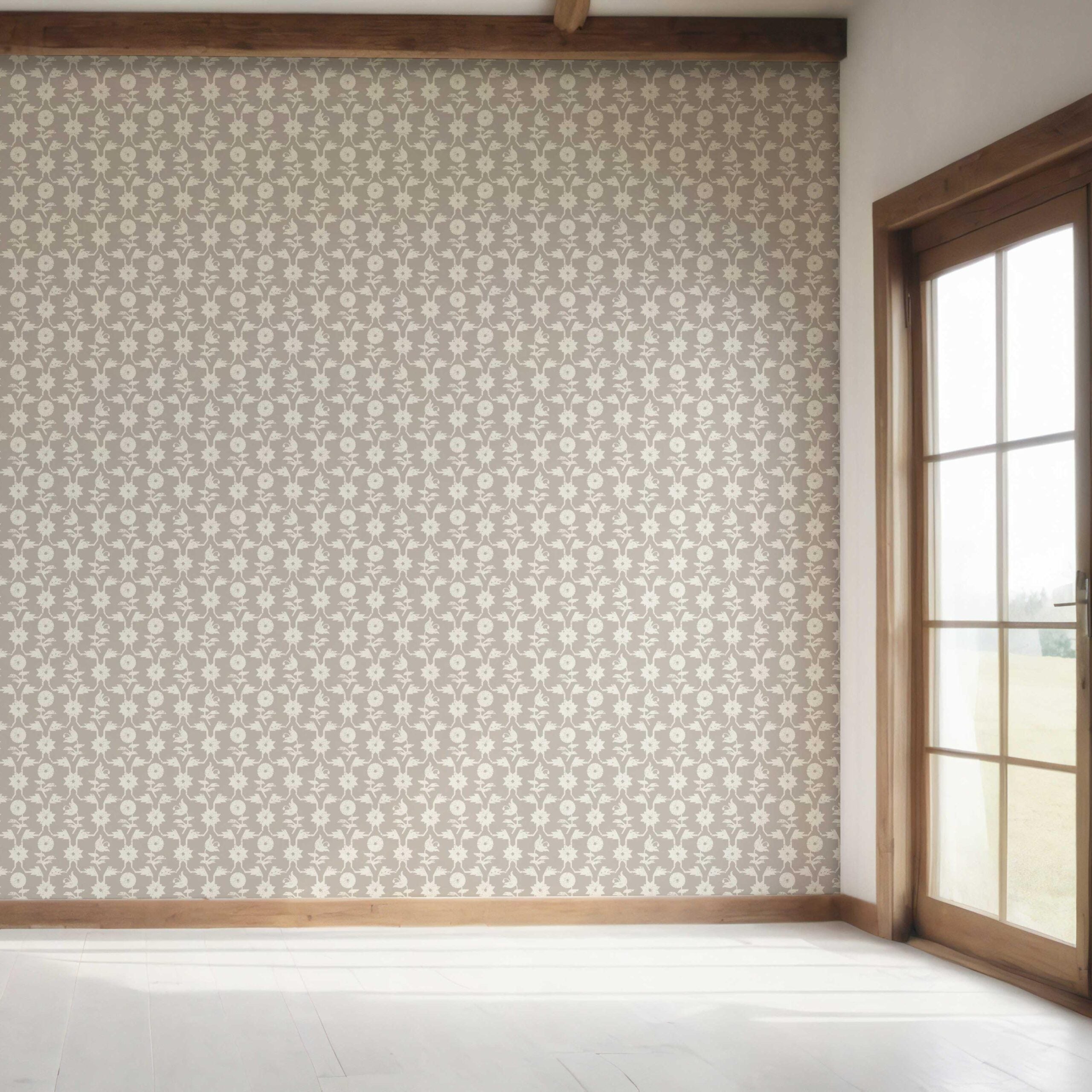 Neutral Toned Modern Floral/ Botanical Bedroom Wallpaper Sample (Gray/ Greige/ White)