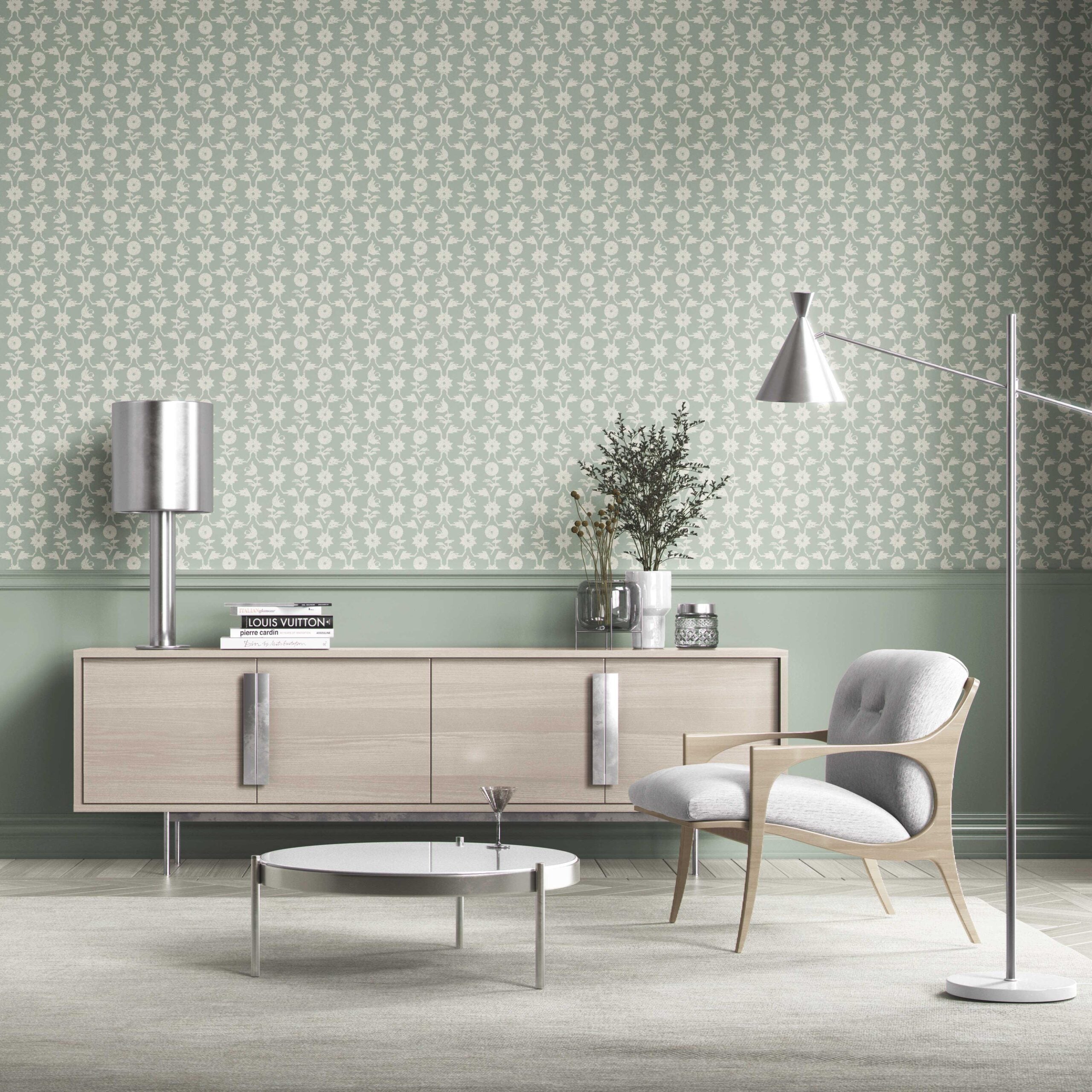 Modern Floral Botanical Kitchen Wallpaper (Green/ White)