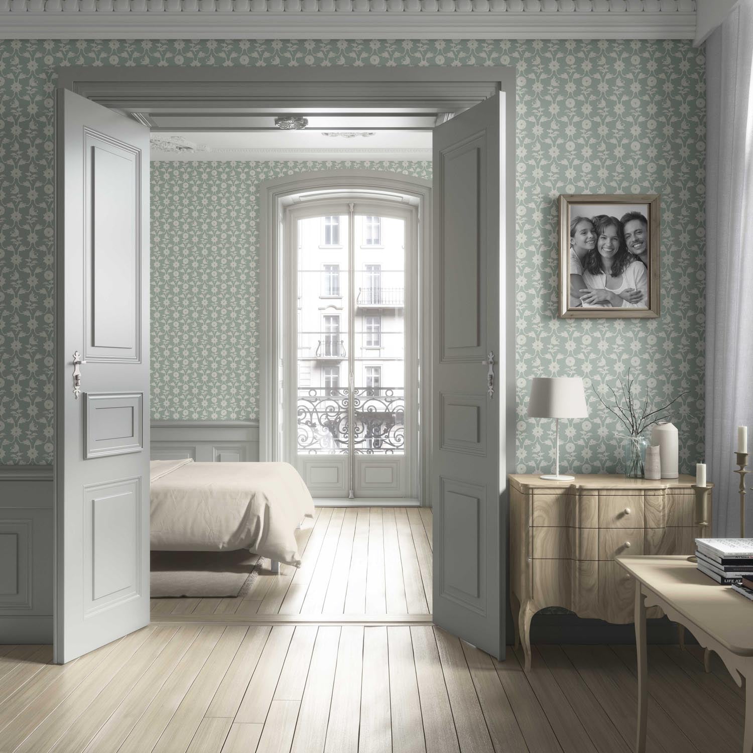 Modern Floral Botanical Living Room Wallpaper Sample (Green/ White)