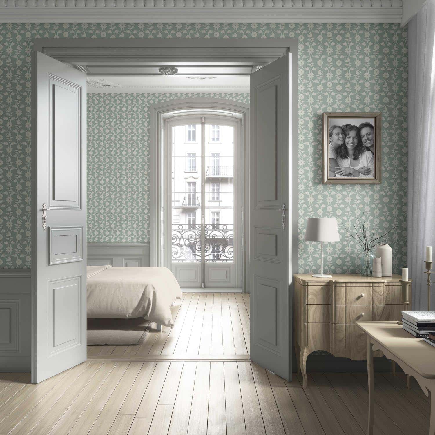 Modern Floral Botanical Living Room Wallpaper (Green/ White)