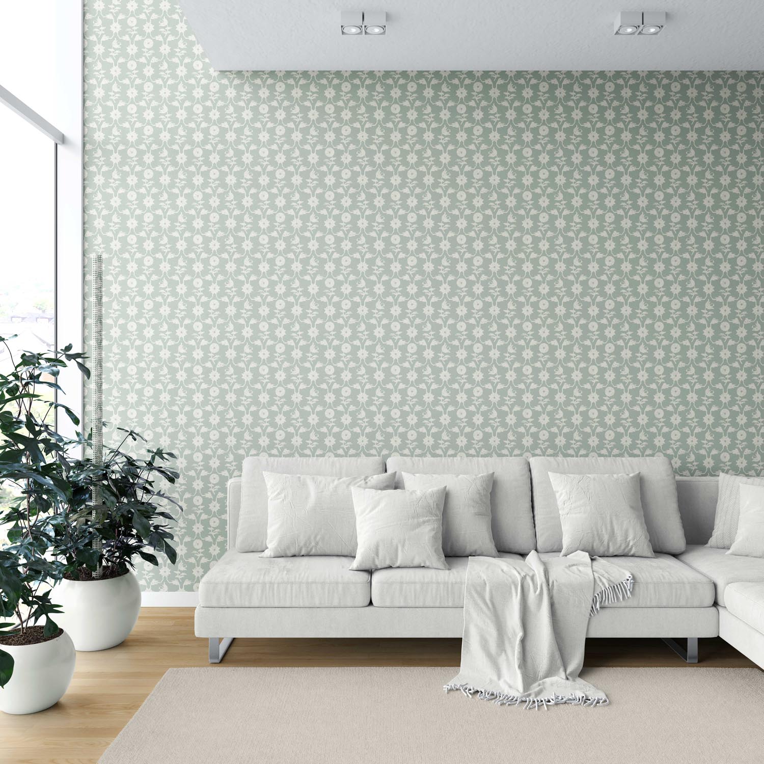 Modern Floral Botanical Shower Toilet Wallpaper (Green/ White)