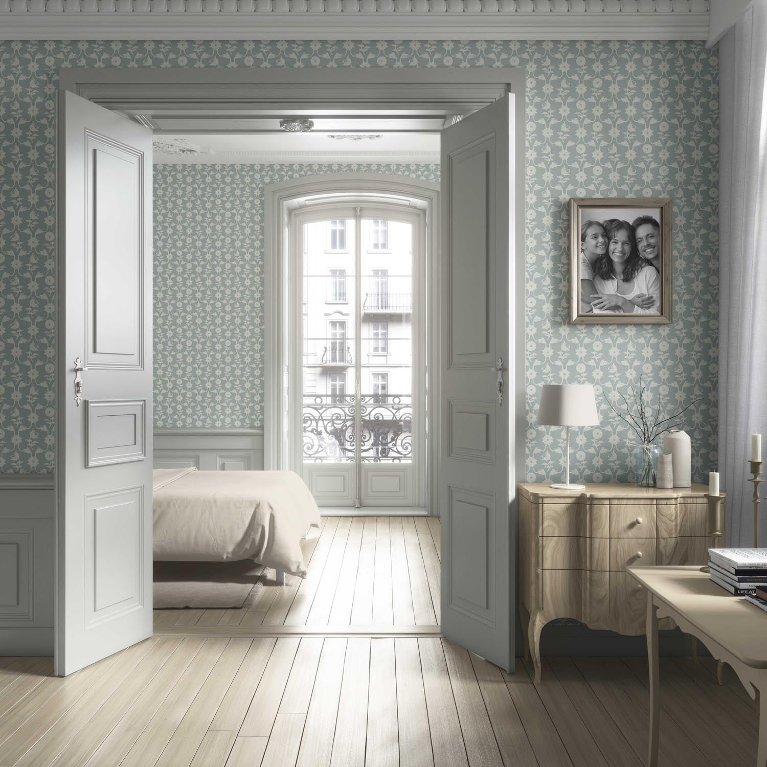 Modern Floral Botanical Living Room Wallpaper Sample (Duck Egg Blue/ White)