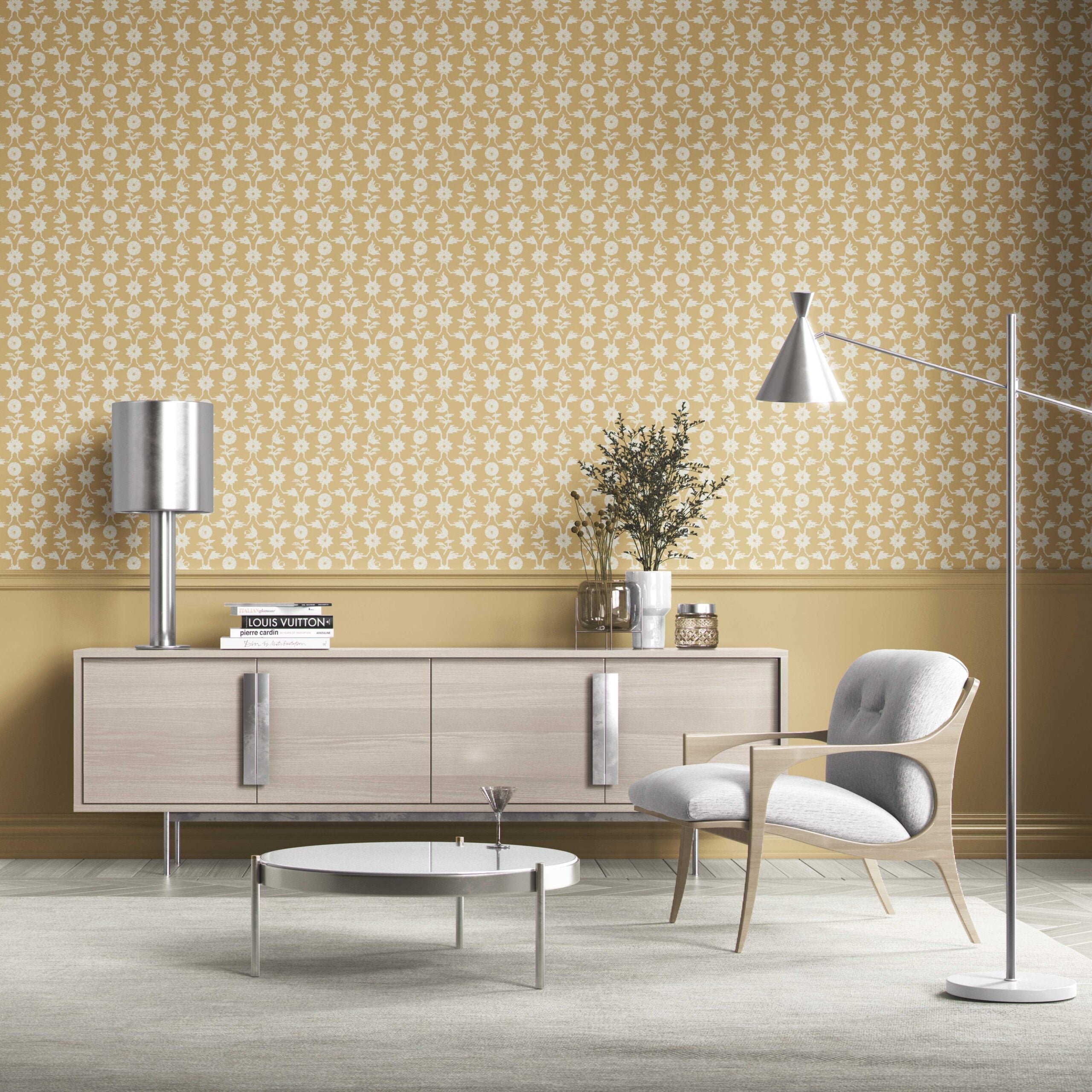 Modern Floral Botanical Kitchen Wallpaper Sample (Yellow/ White)