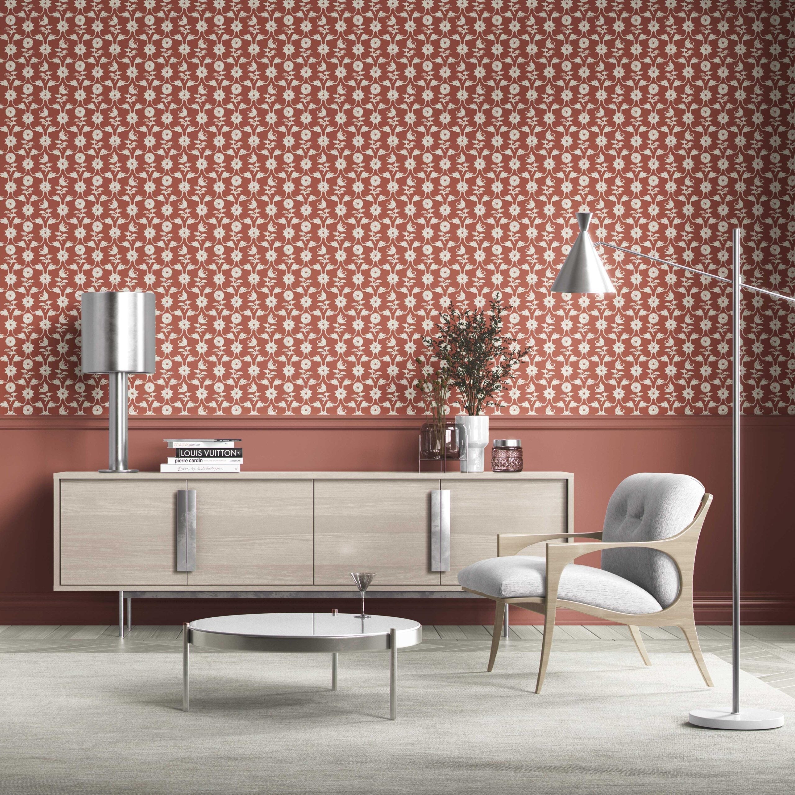Modern Floral Botanical Kitchen Wallpaper Sample (Terracotta Red/ White)