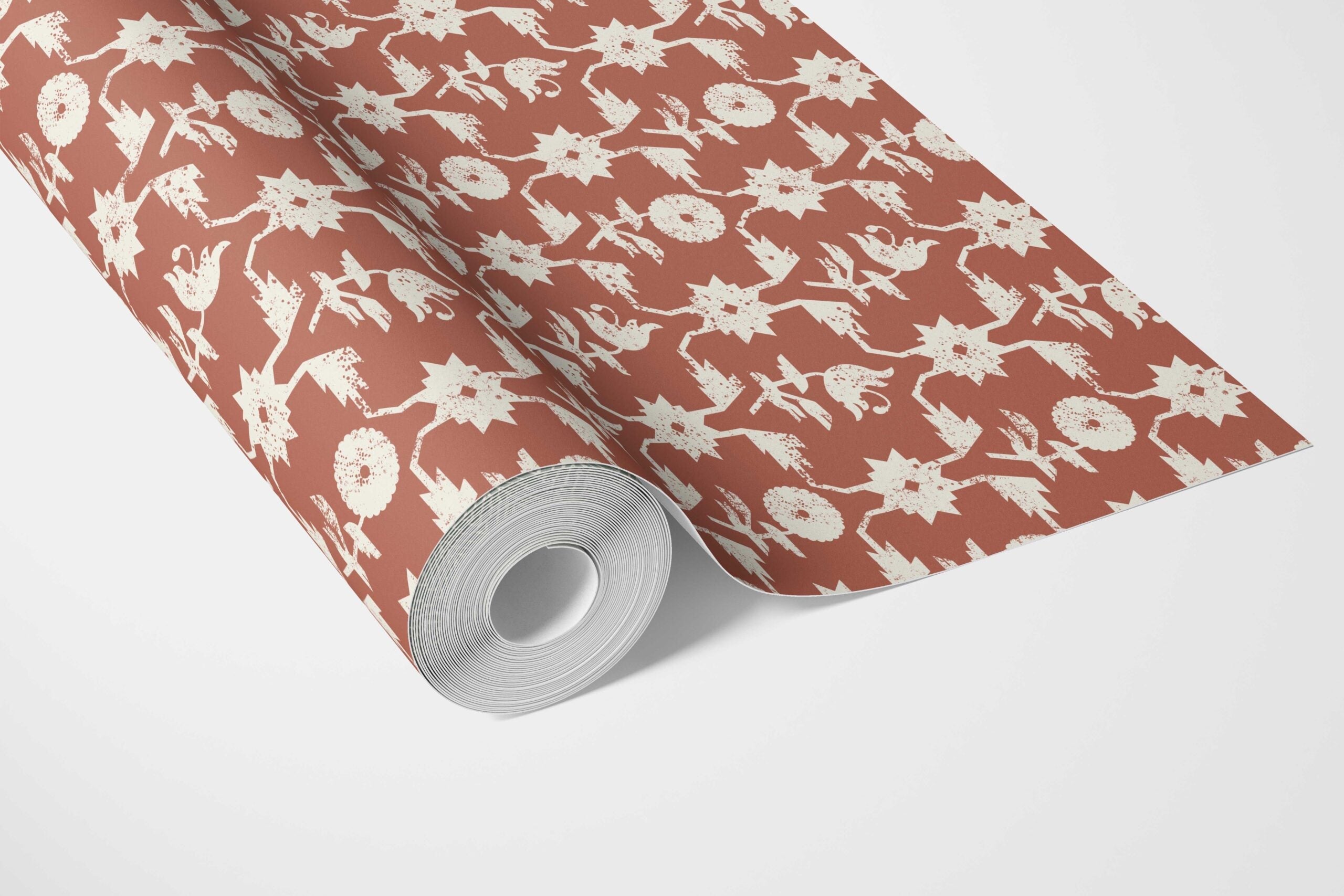 Modern Floral Botanical Bathroom Wallpaper Sample (Terracotta Red/ White)