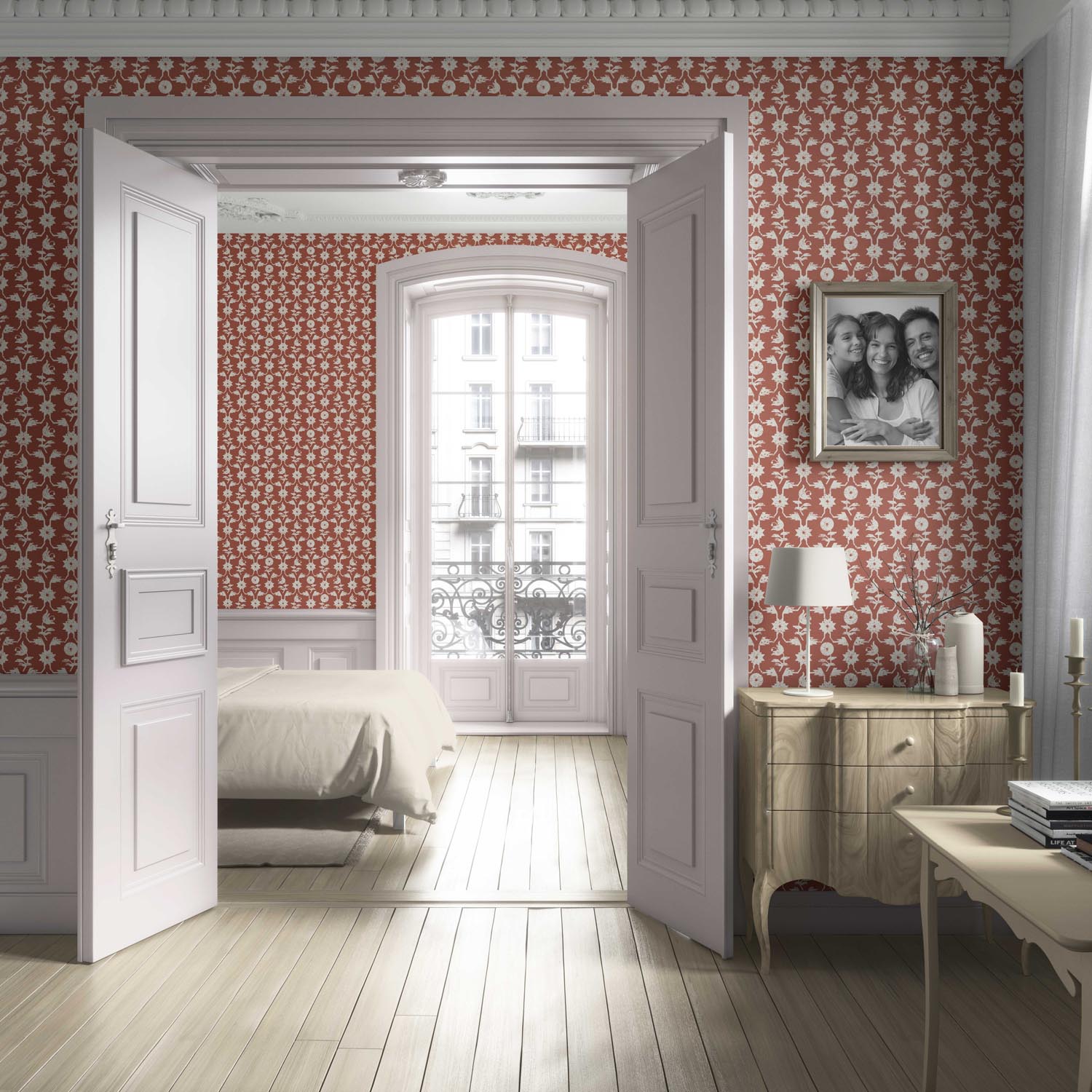 Modern Floral Botanical Living Room Wallpaper Sample (Terracotta Red/ White)