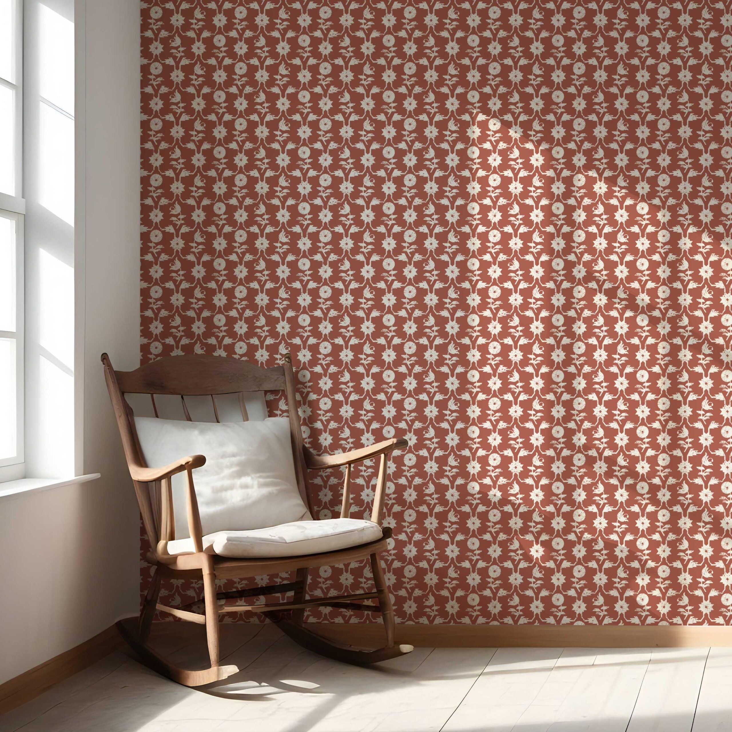 Modern Floral Botanical Nursery Wallpaper Sample (Terracotta Red/ White)