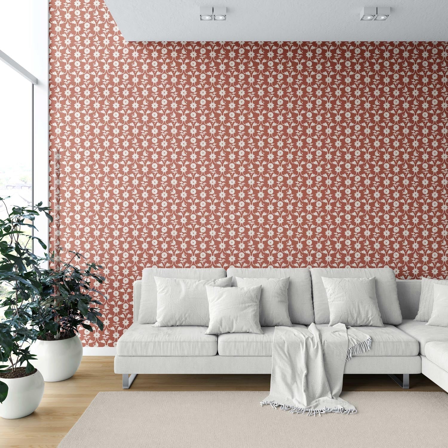 Modern Floral Botanical Shower Toilet Wallpaper Sample (Terracotta Red/ White)
