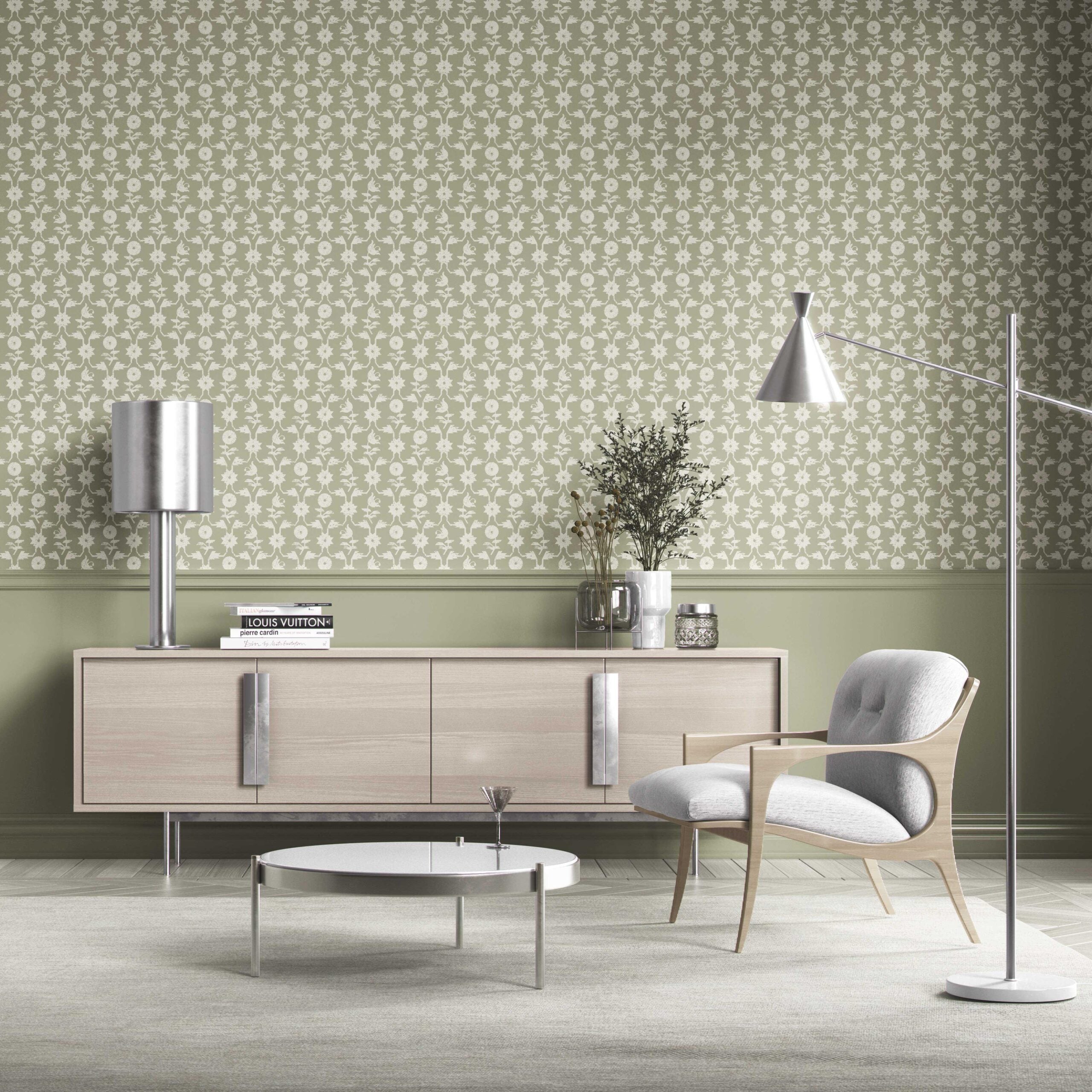 Modern Floral Botanical Kitchen Wallpaper Sample (Khaki Green/ White)
