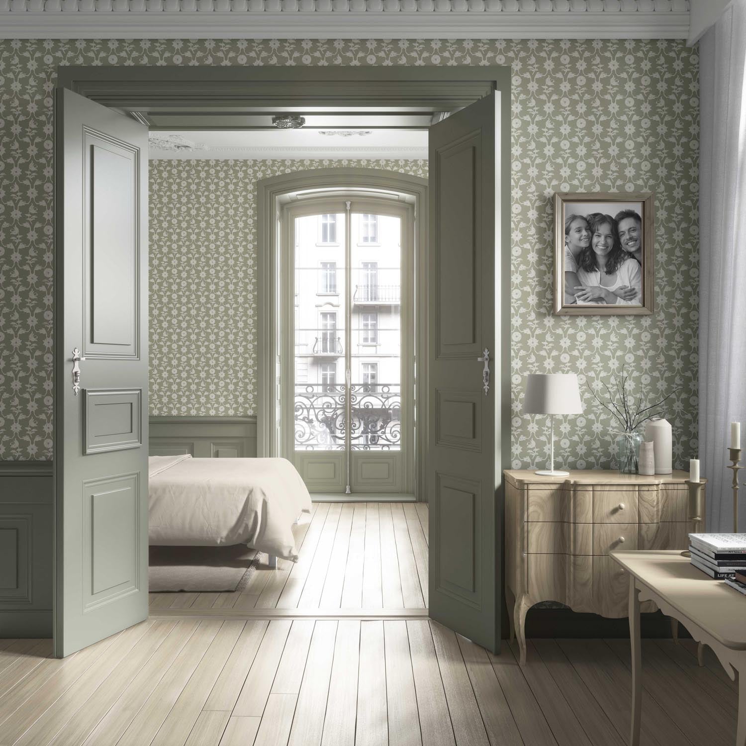 Modern Floral Botanical Living Room Wallpaper Sample (Khaki Green/ White)
