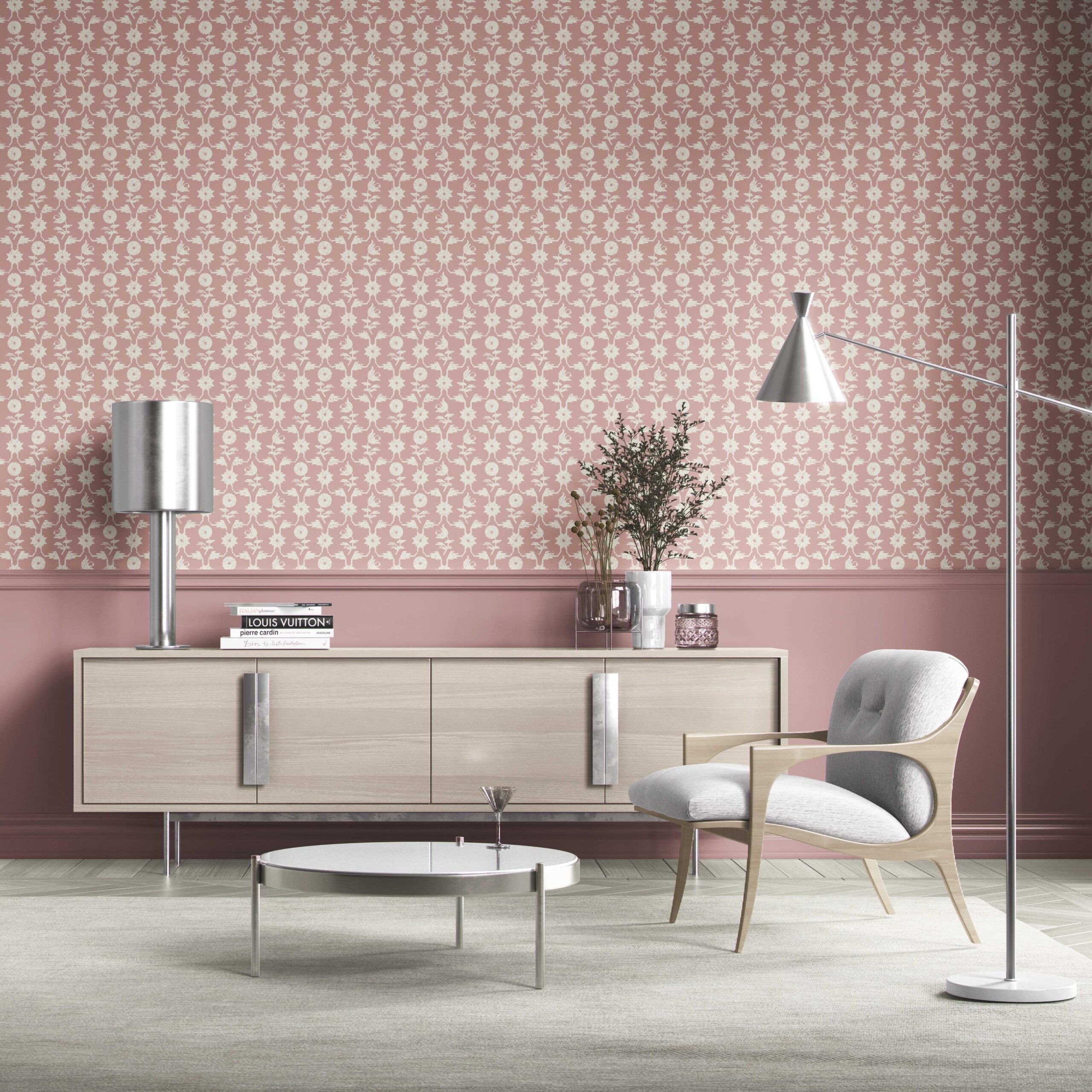 Modern Floral Botanical Kitchen Wallpaper Sample (Pink/ White)