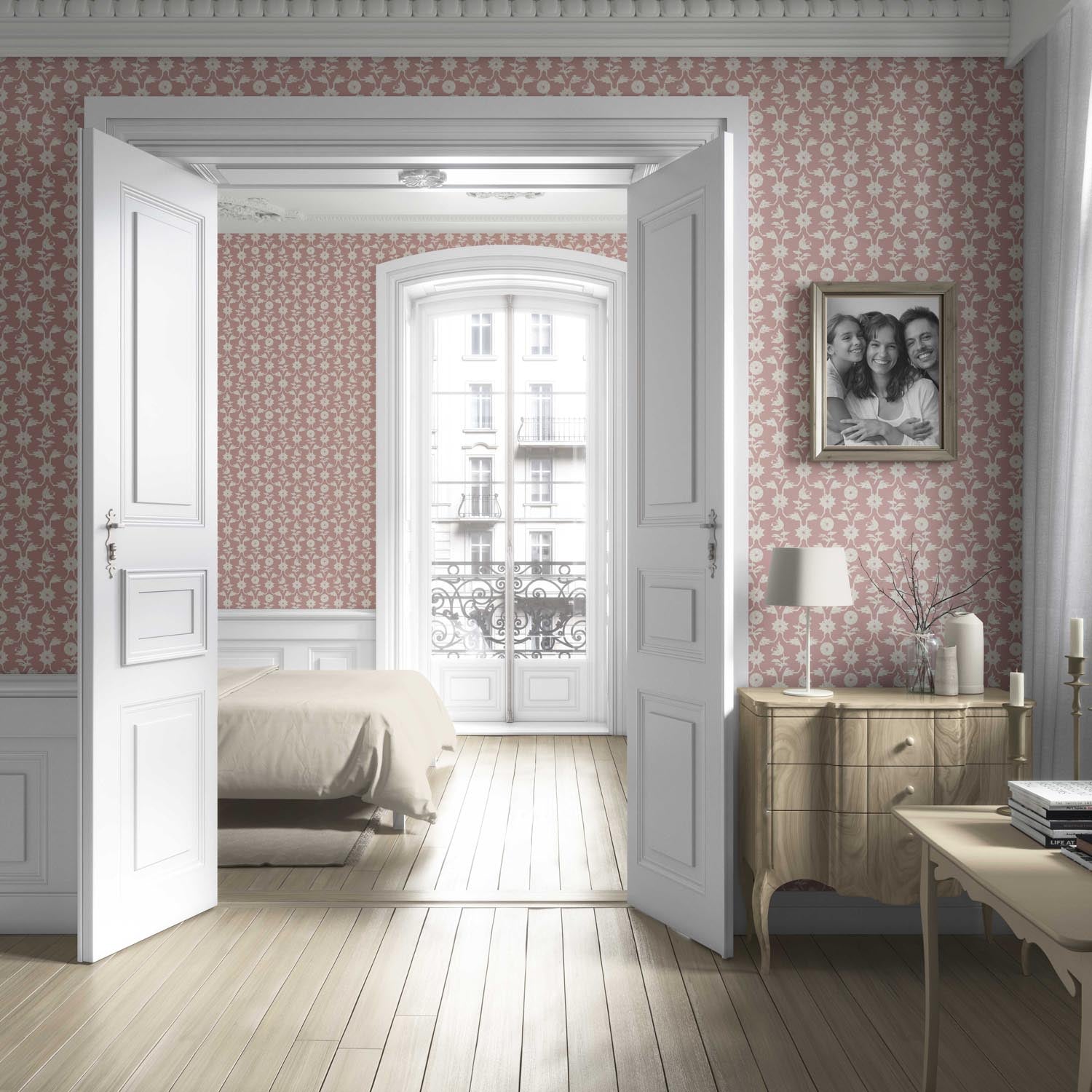 Modern Floral Botanical Living Room Wallpaper Sample (Pink/ White)