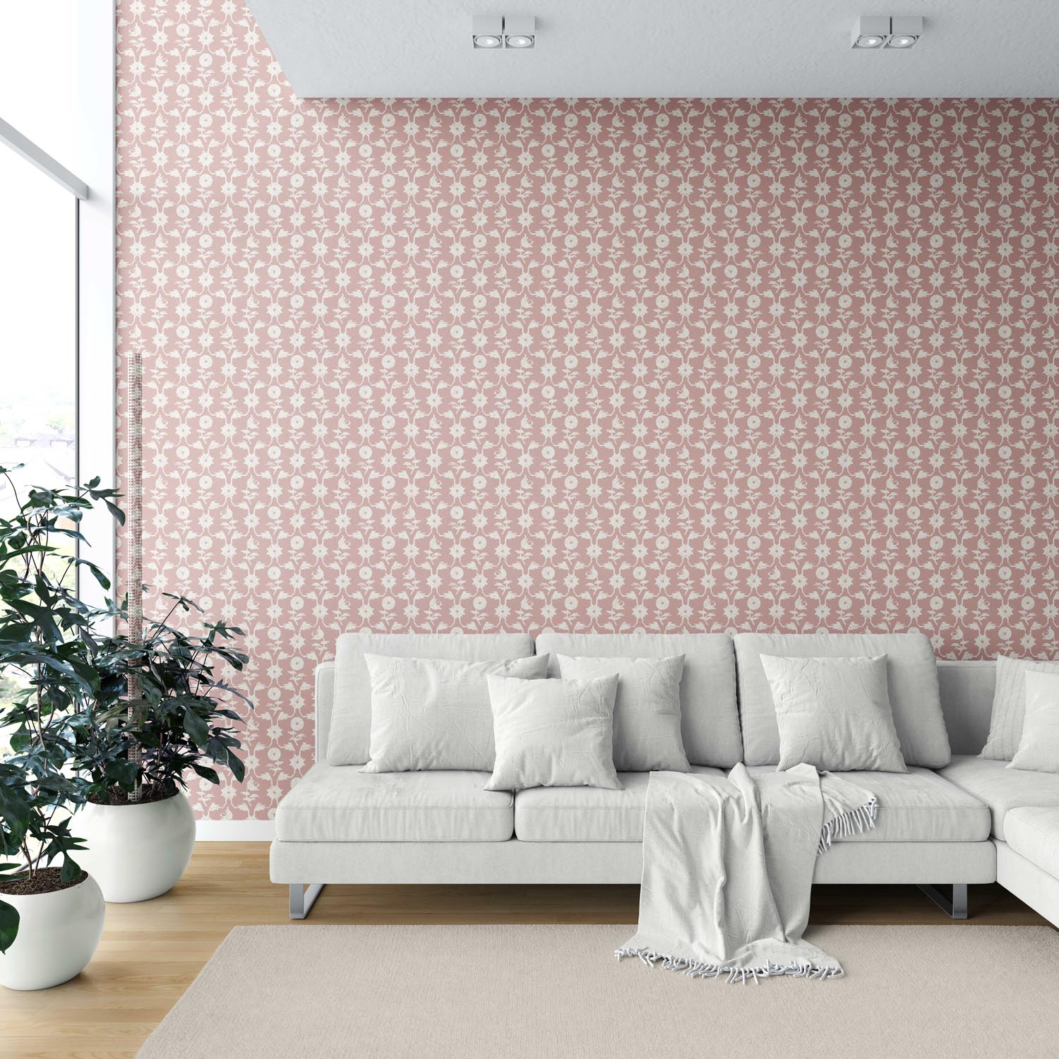 Modern Floral Botanical Shower Toilet Wallpaper (Pink/ White)