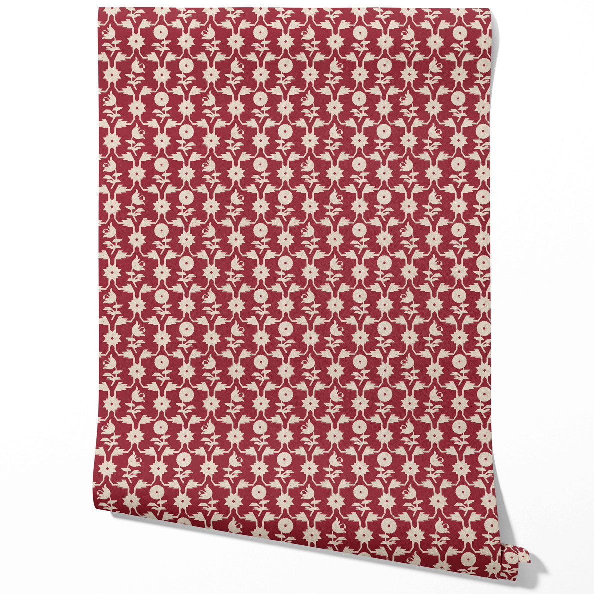 Modern Floral Botanical Traditional Wallpaper (Deep Red/ Off-White)
