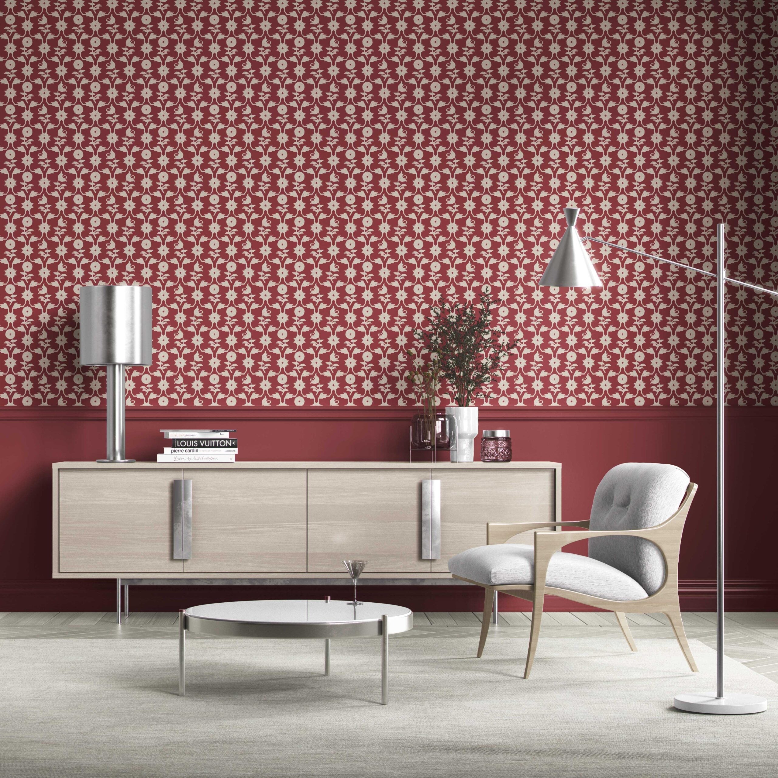 Modern Floral Botanical Kitchen Wallpaper (Deep Red/ Off-White)