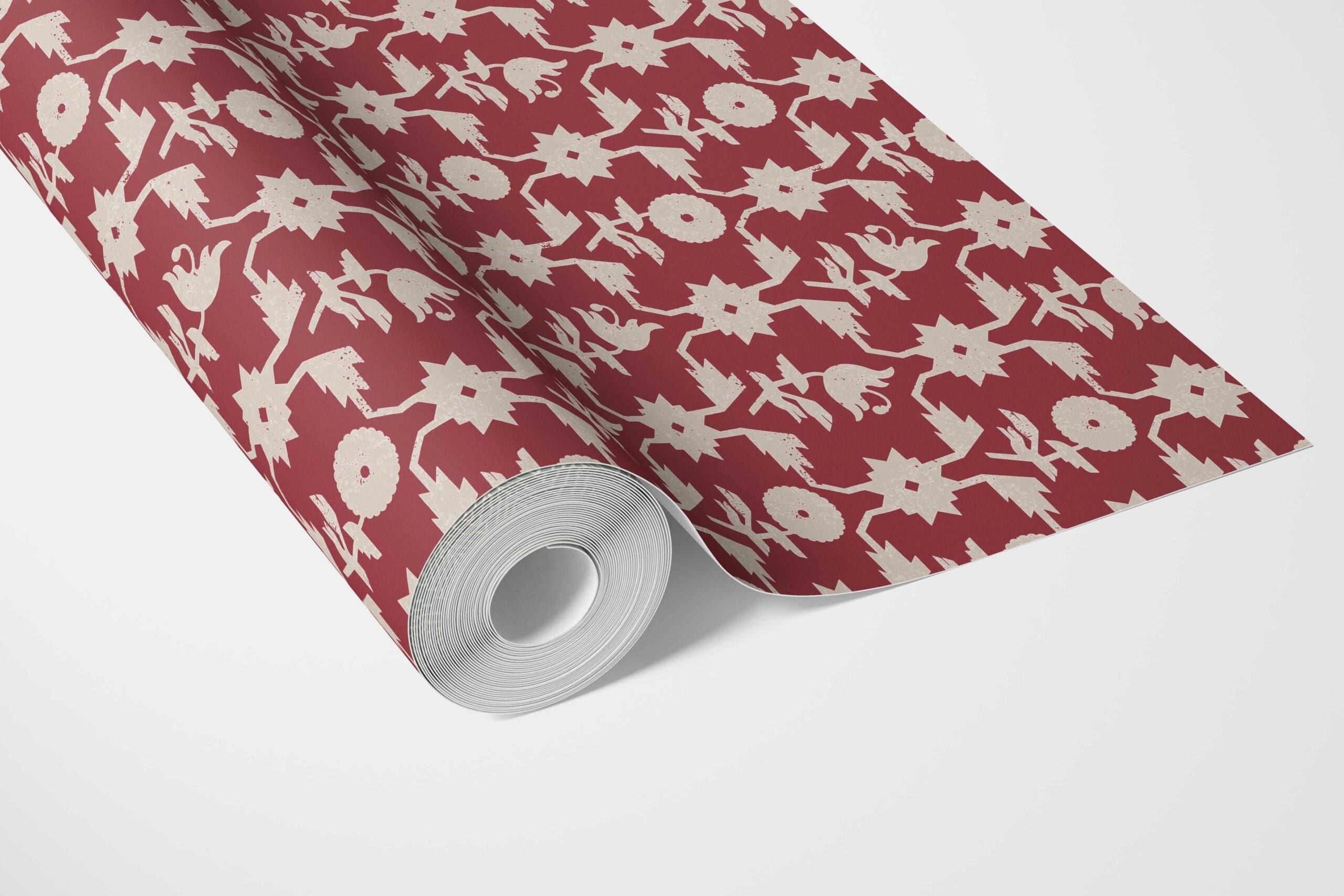 Modern Floral Botanical Bathroom Wallpaper (Deep Red/ Off-White)