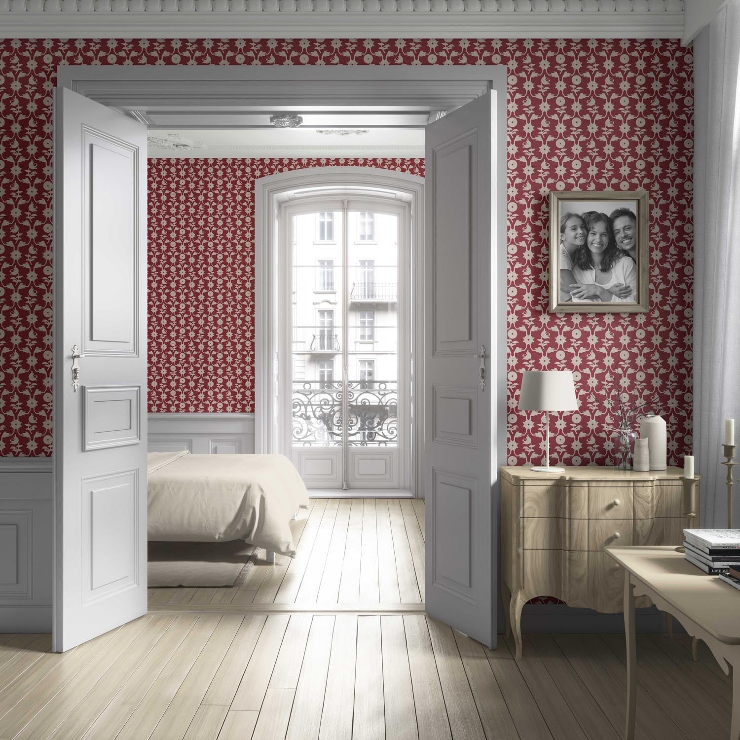 Modern Floral Botanical Living Room Wallpaper (Deep Red/ Off-White)