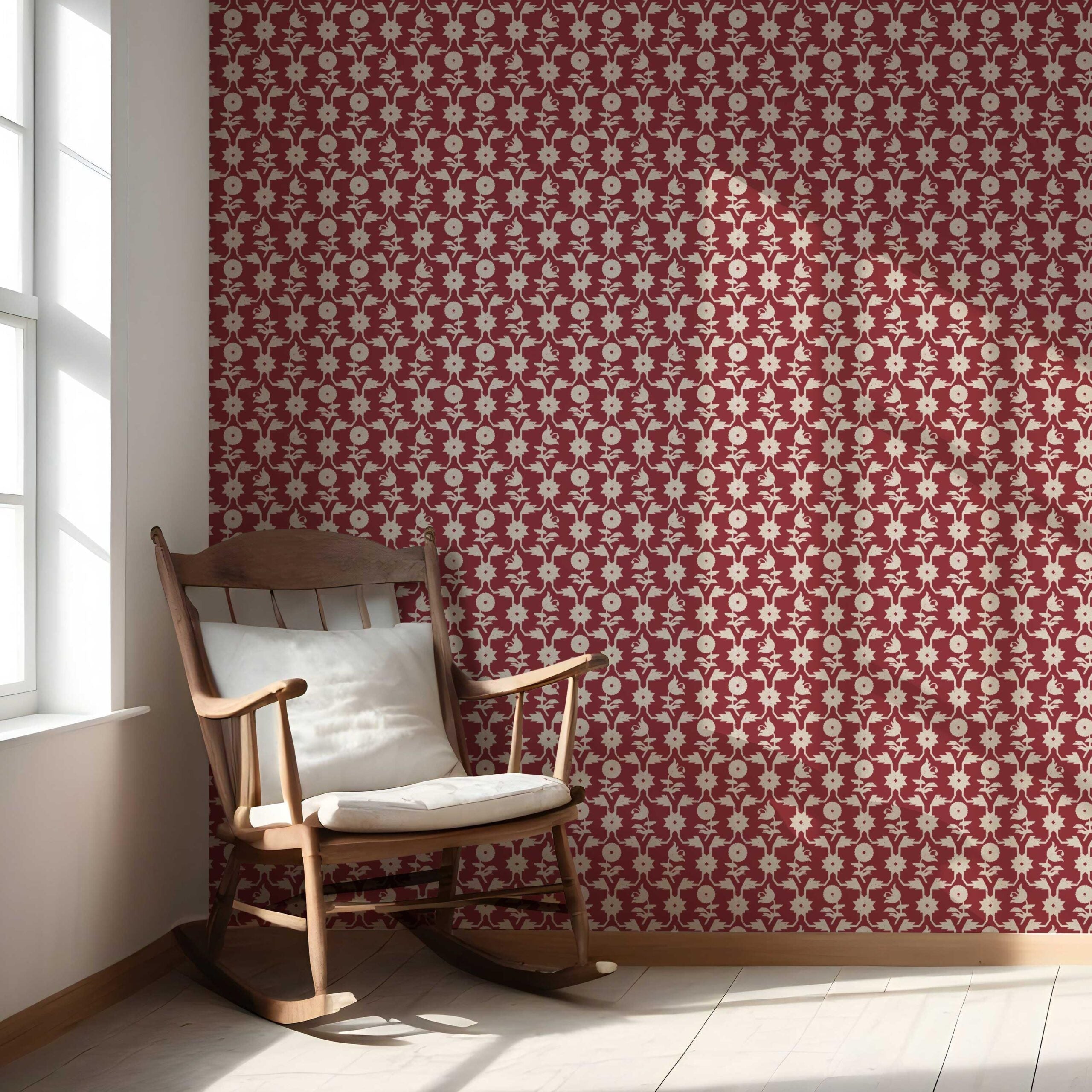 Modern Floral Botanical Nursery Wallpaper (Deep Red/ Off-White)