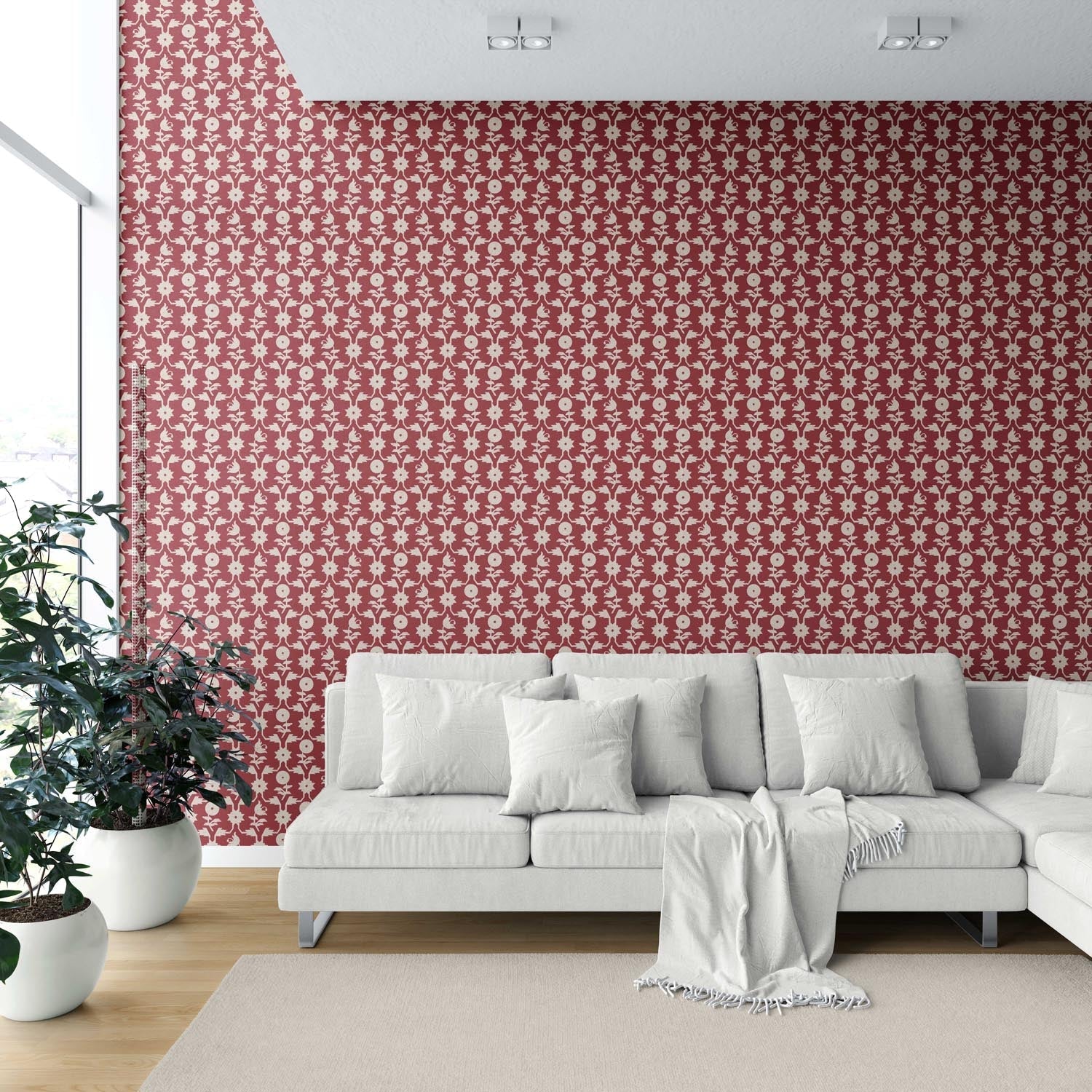 Modern Floral Botanical Shower Toilet Wallpaper (Deep Red/ Off-White)
