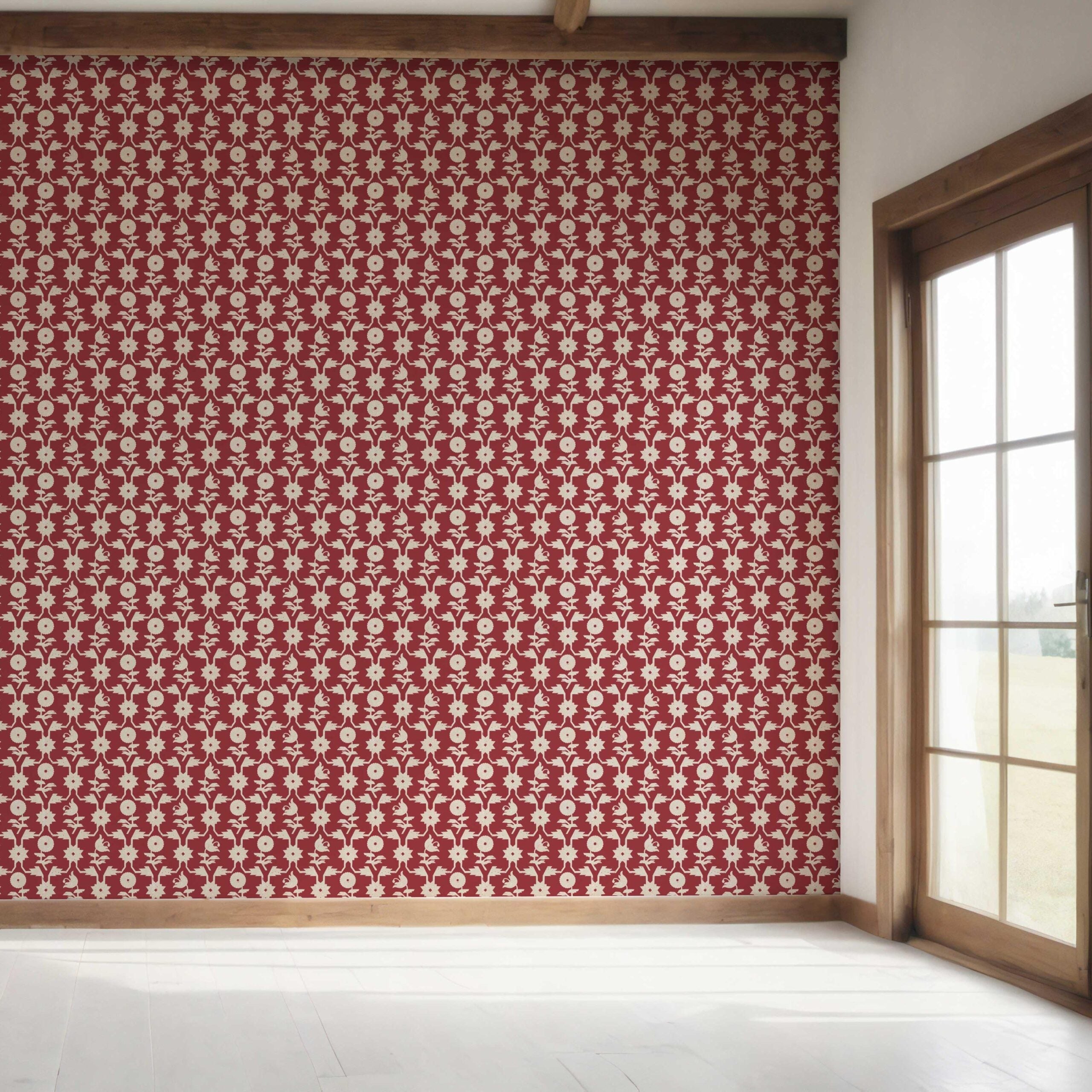 Modern Floral Botanical Bedroom Wallpaper (Deep Red/ Off-White)