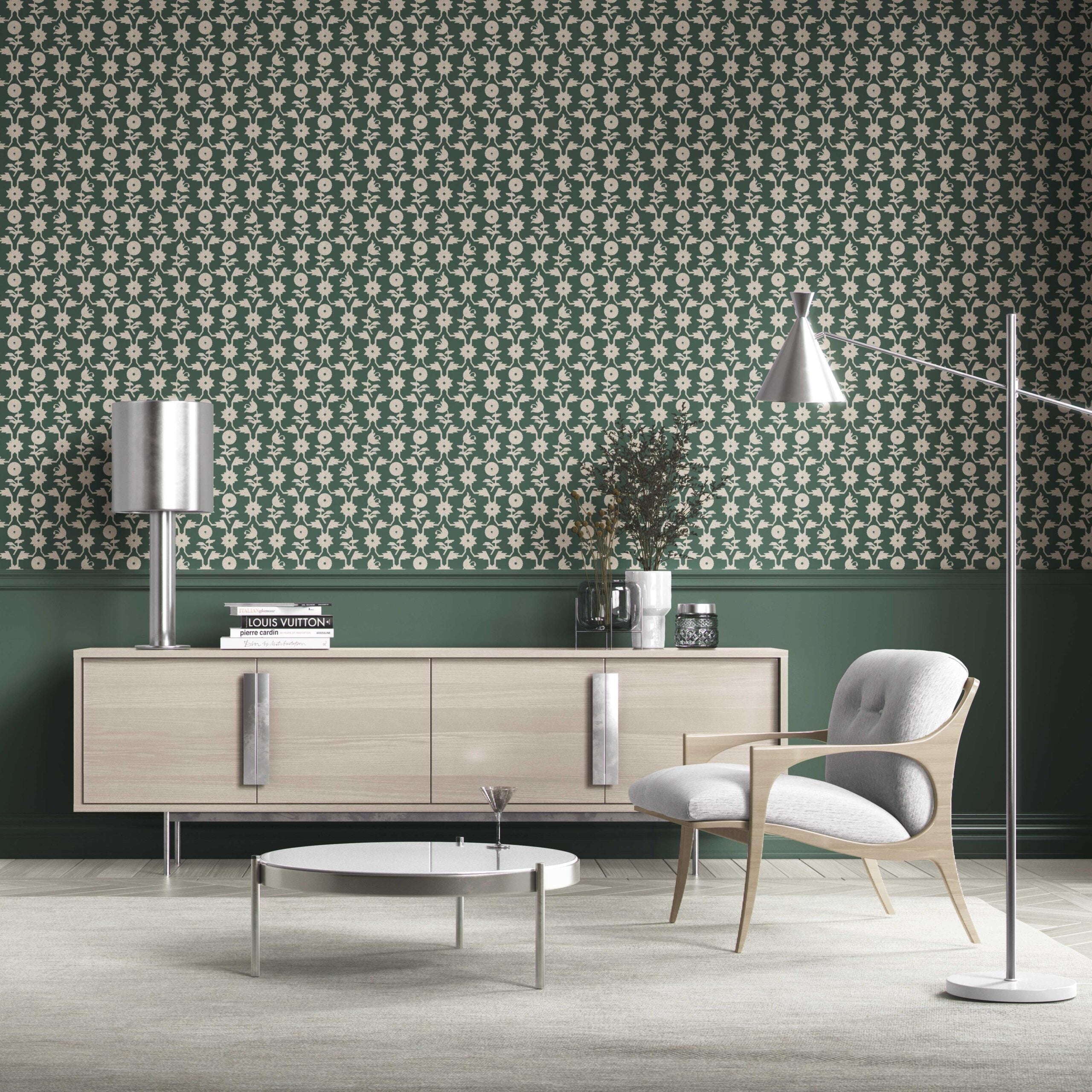 Modern Floral Botanical Kitchen Wallpaper Sample (Green/ Beige)