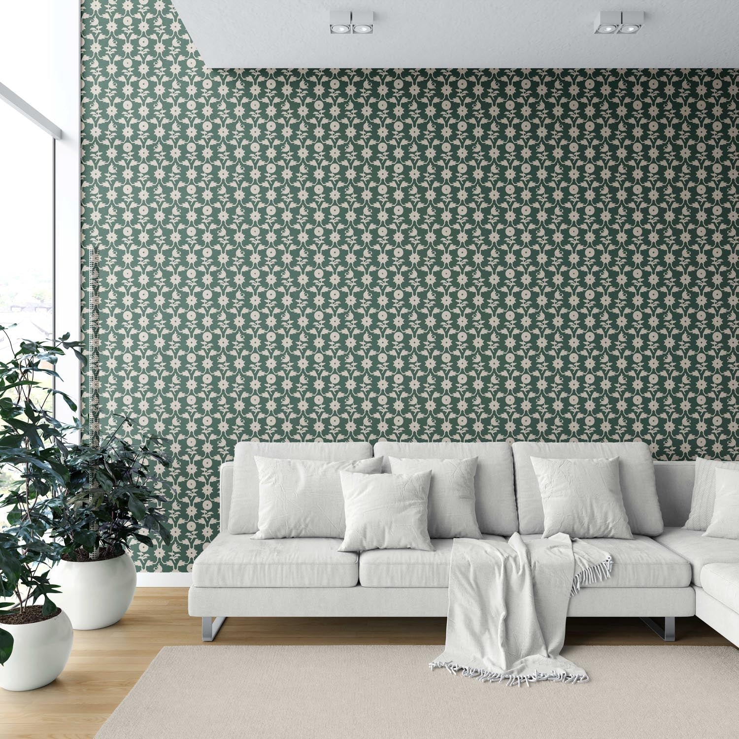 Modern Floral Botanical Shower Toilet Wallpaper Sample (Green/ Beige)