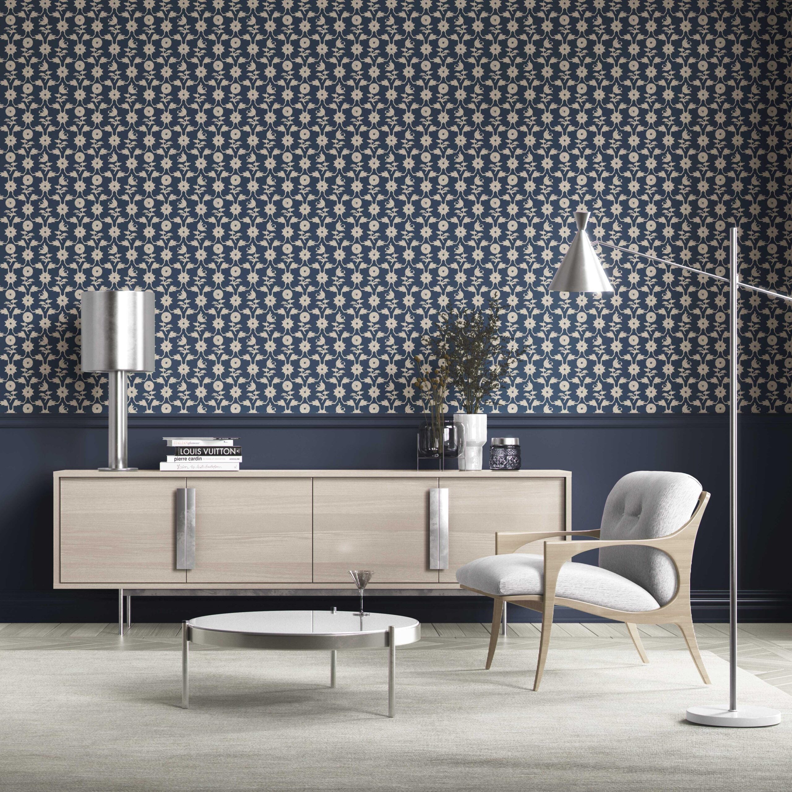 Modern Floral Botanical Kitchen Wallpaper Sample (Navy Blue/ Beige)
