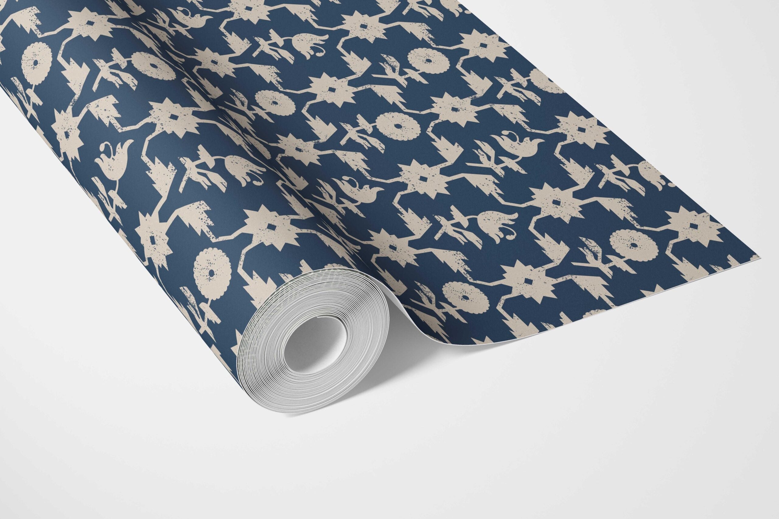 Modern Floral Botanical Bathroom Wallpaper Sample (Navy Blue/ Beige)