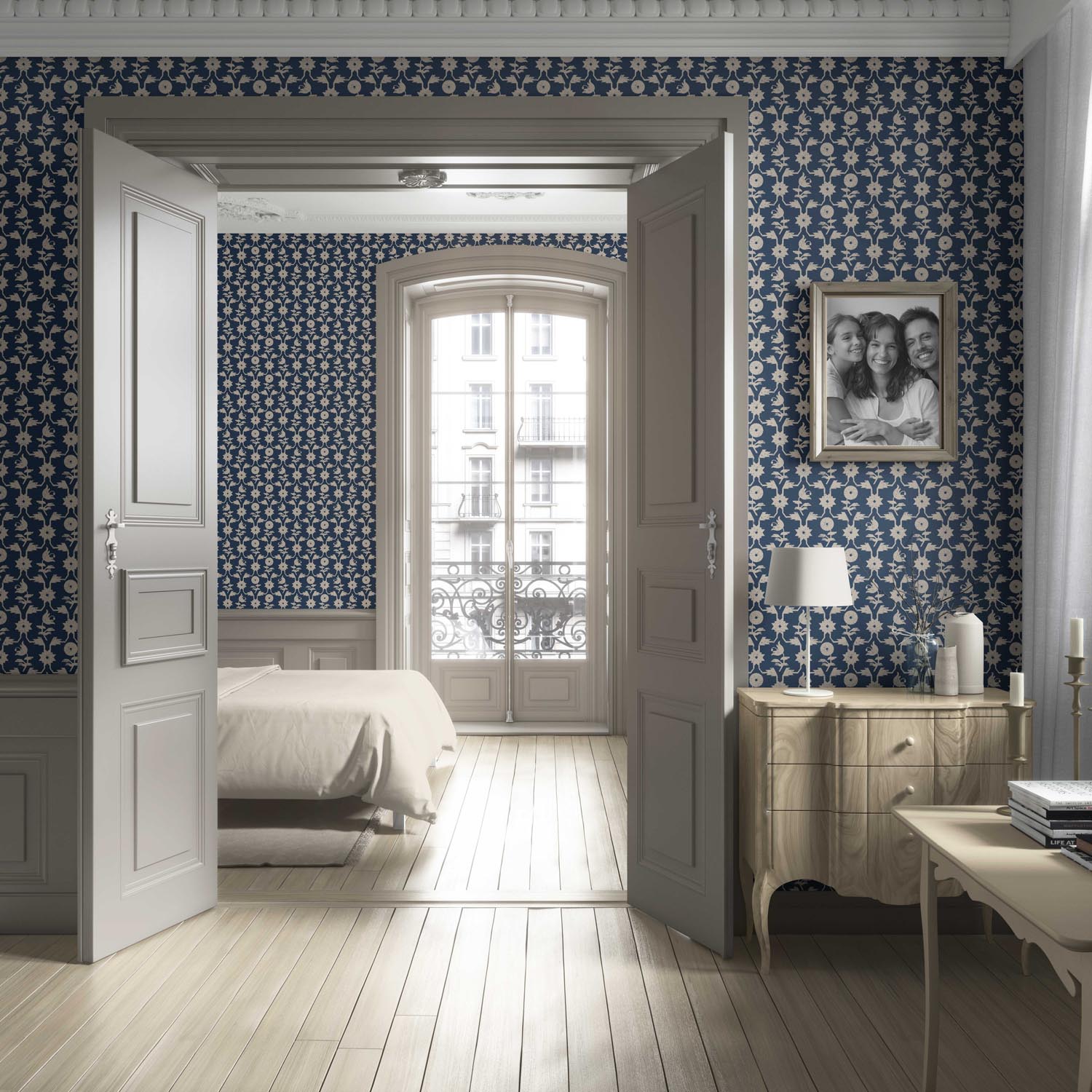 Modern Floral Botanical Living Room Wallpaper Sample (Navy Blue/ Beige)