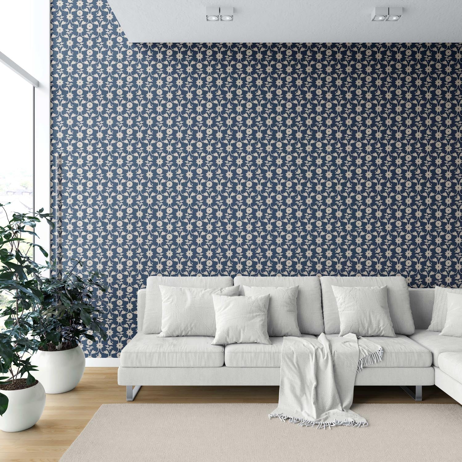 Modern Floral Botanical Shower Toilet Wallpaper Sample (Navy Blue/ Beige)