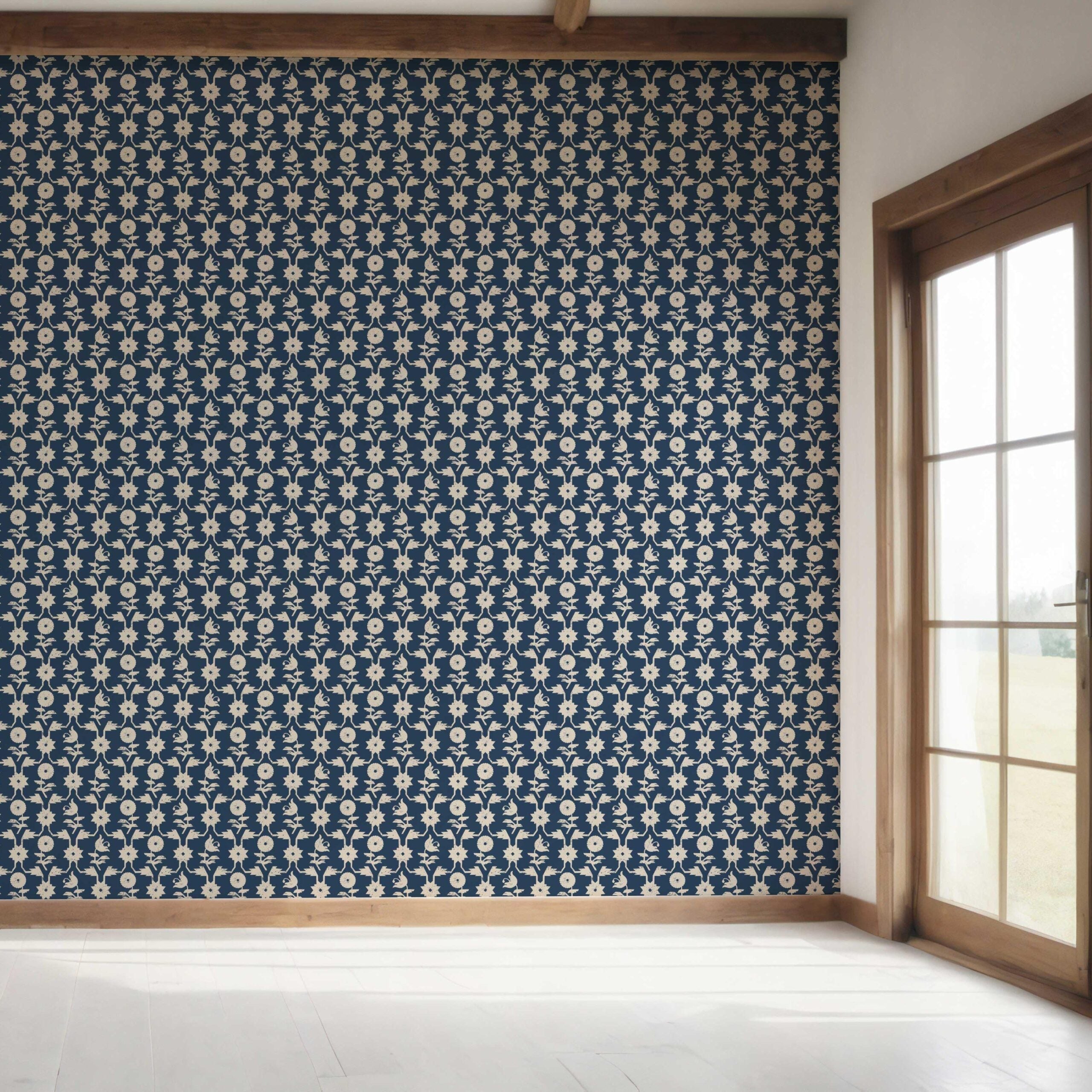 Modern Floral Botanical Bedroom Wallpaper Sample (Navy Blue/ Beige)