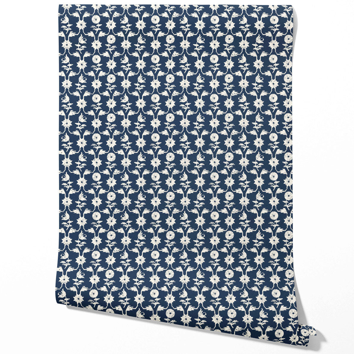 Modern Floral Botanical Traditional Wallpaper Sample (Navy Blue/ White)