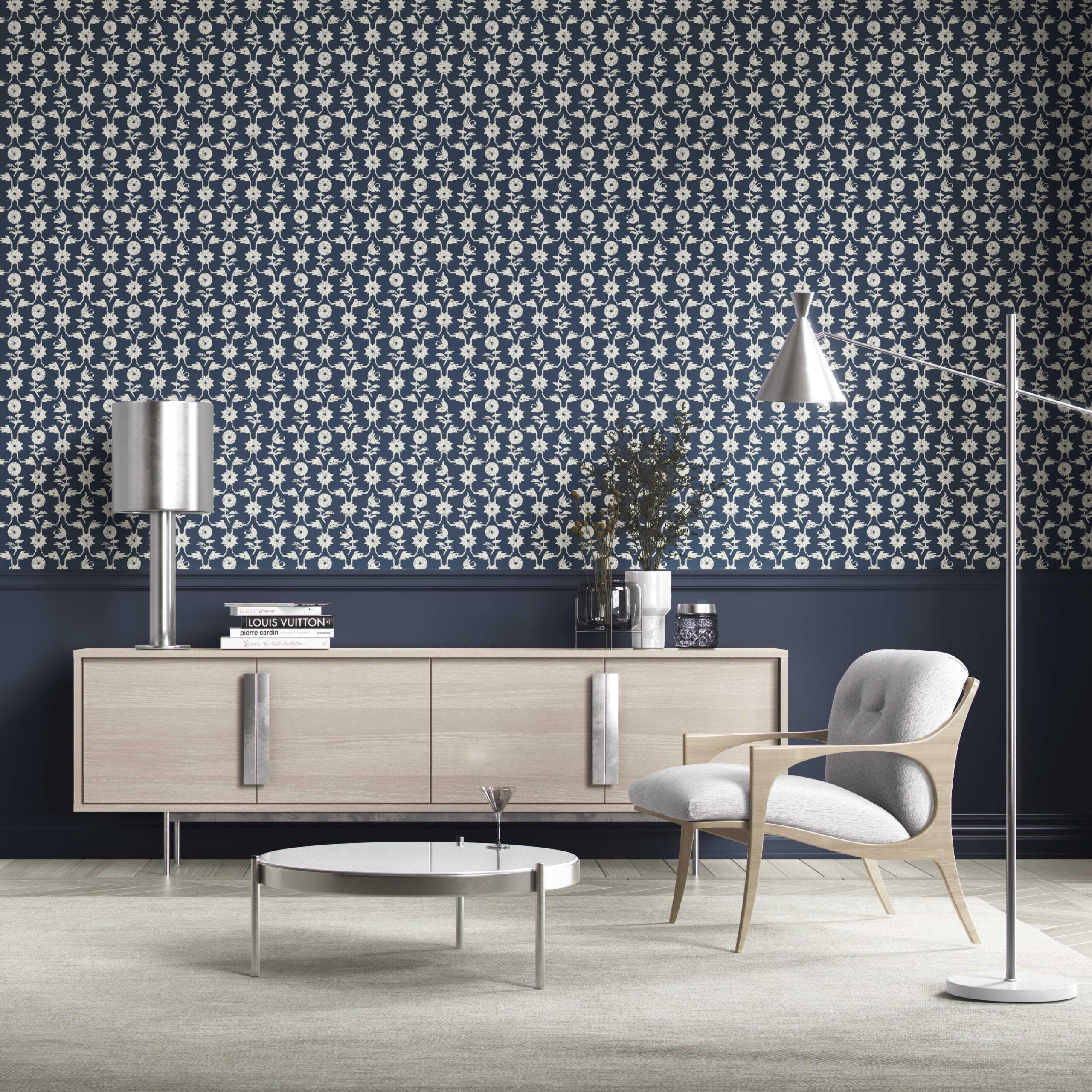 Modern Floral Botanical Kitchen Wallpaper (Navy Blue/ White)