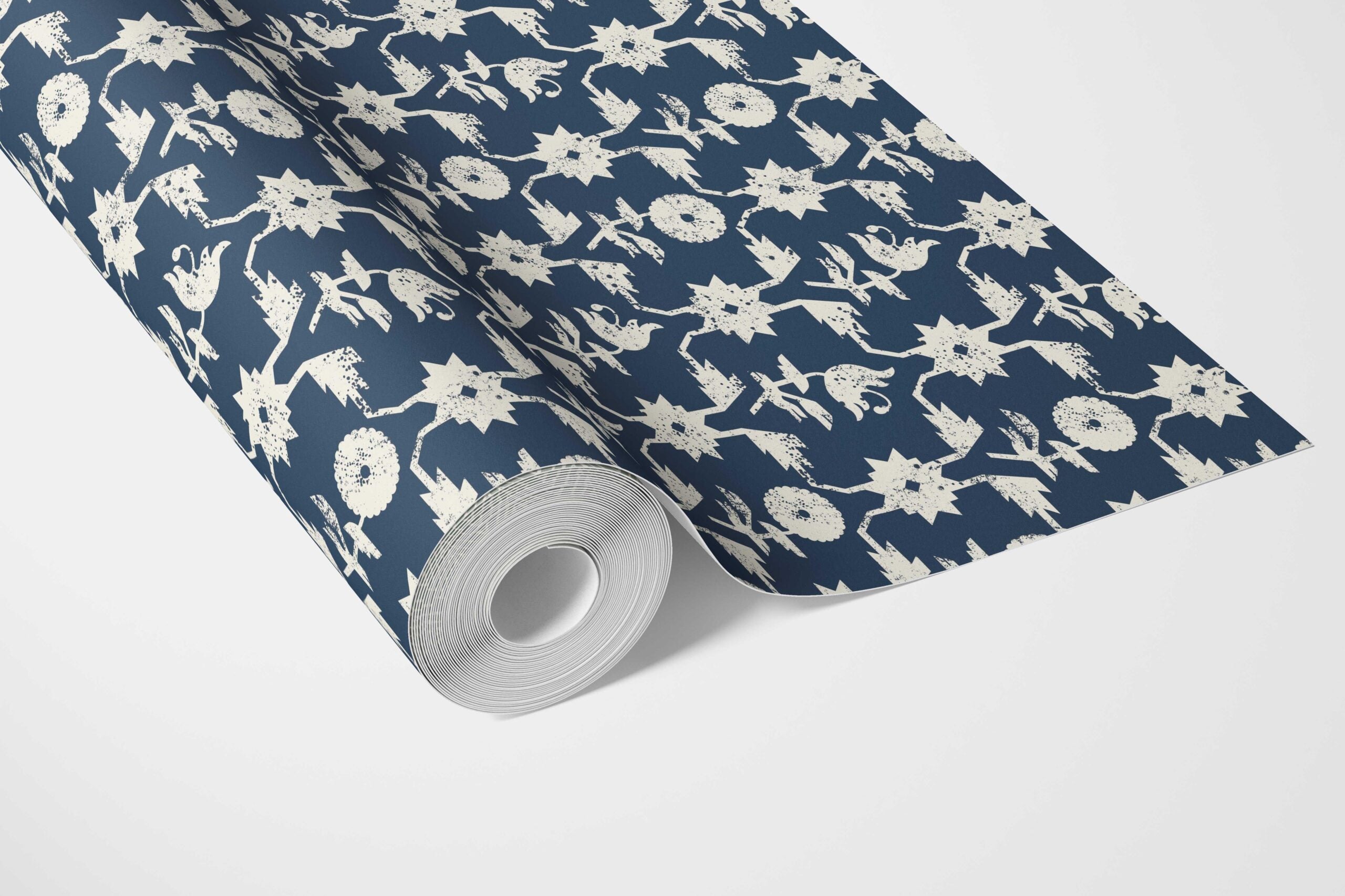 Modern Floral Botanical Bathroom Wallpaper Sample (Navy Blue/ White)