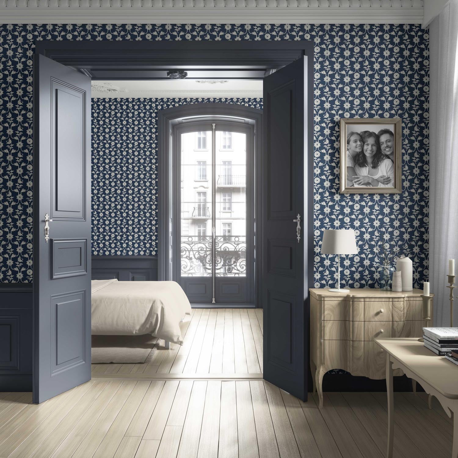 Modern Floral Botanical Living Room Wallpaper Sample (Navy Blue/ White)