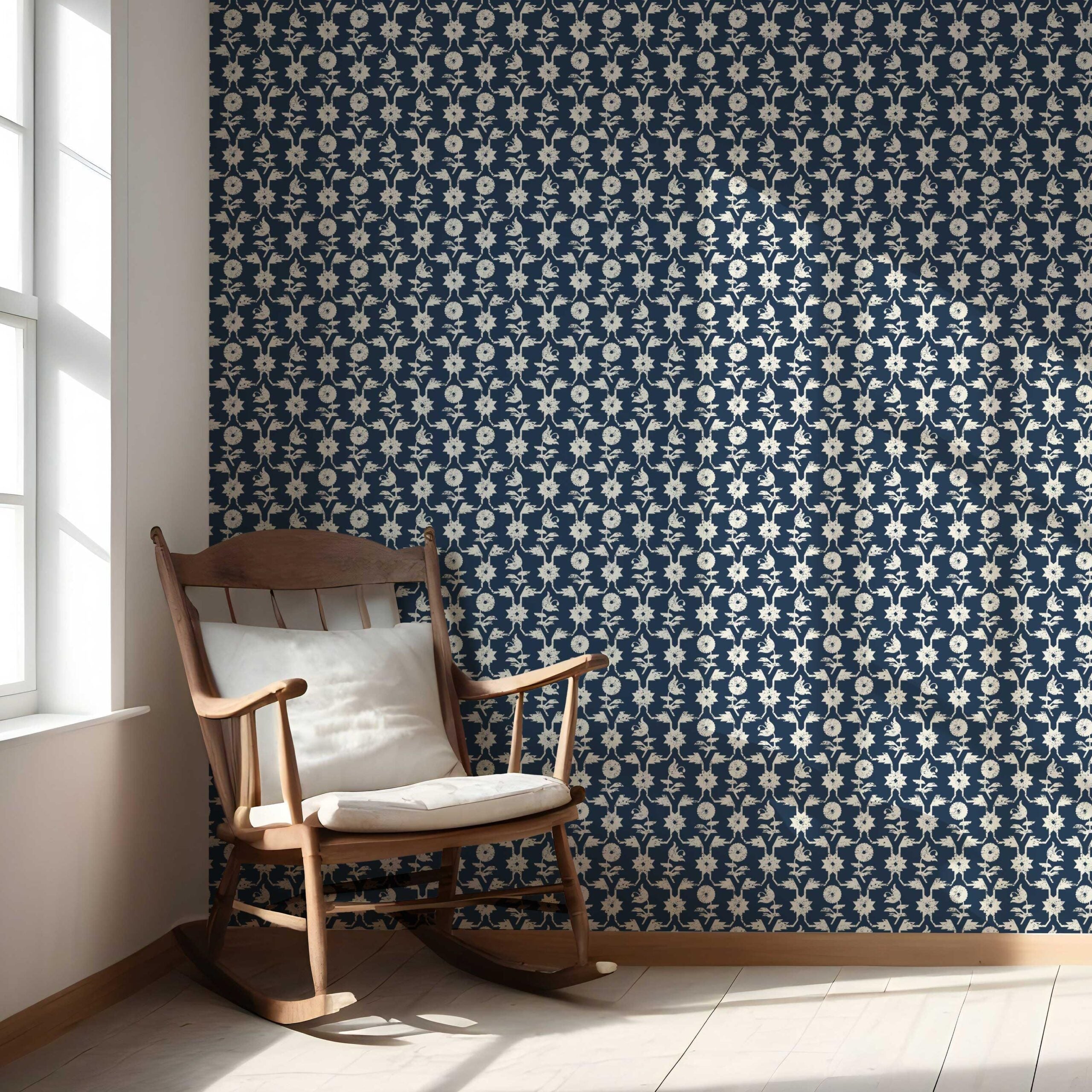 Modern Floral Botanical Nursery Wallpaper Sample (Navy Blue/ White)