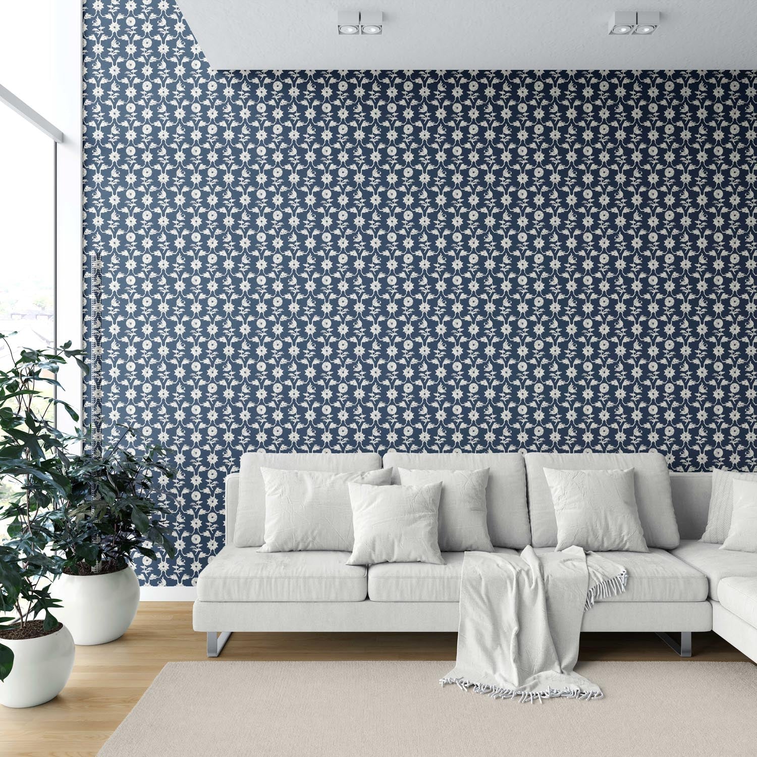 Modern Floral Botanical Shower Toilet Wallpaper Sample (Navy Blue/ White)
