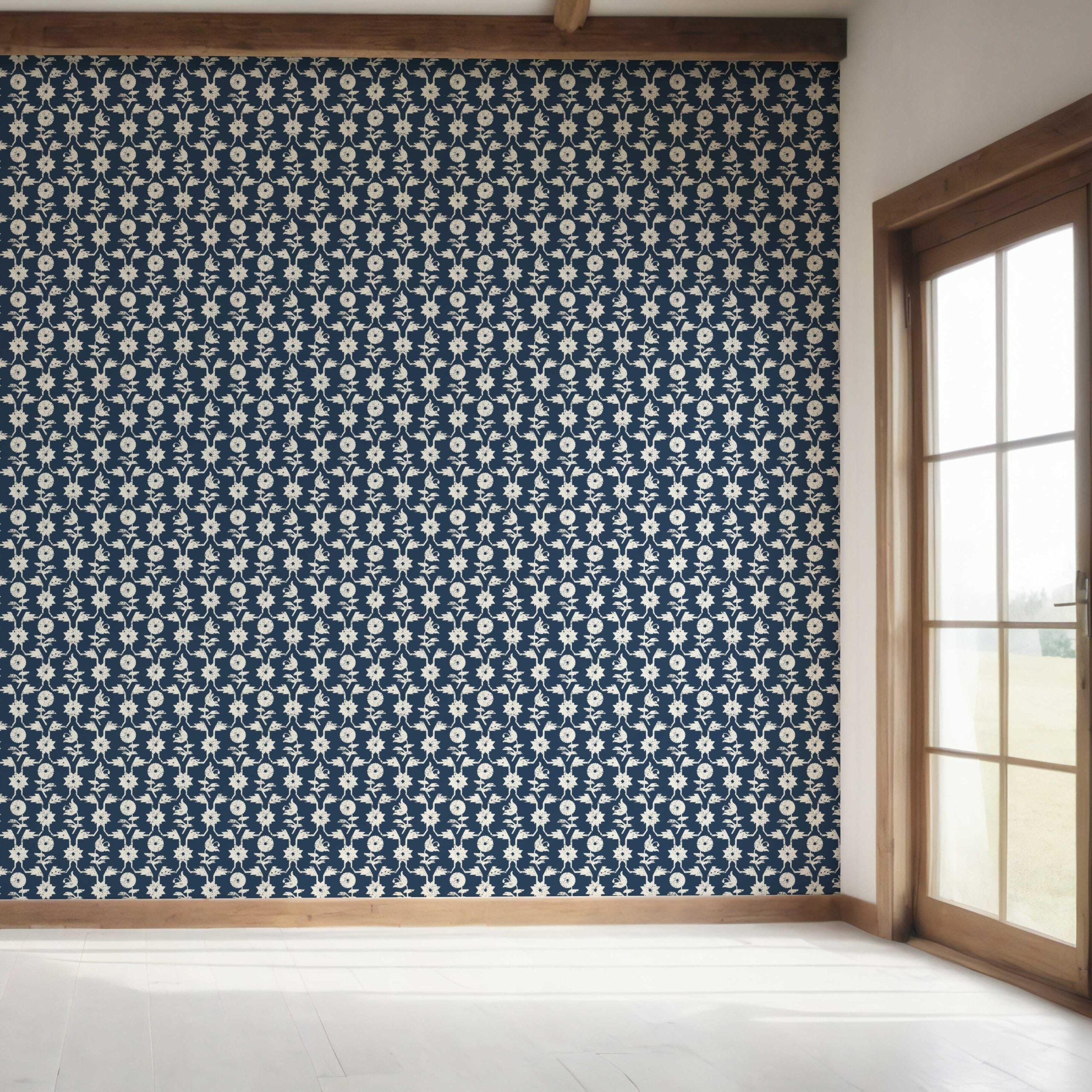 Modern Floral Botanical Bedroom Wallpaper Sample (Navy Blue/ White)