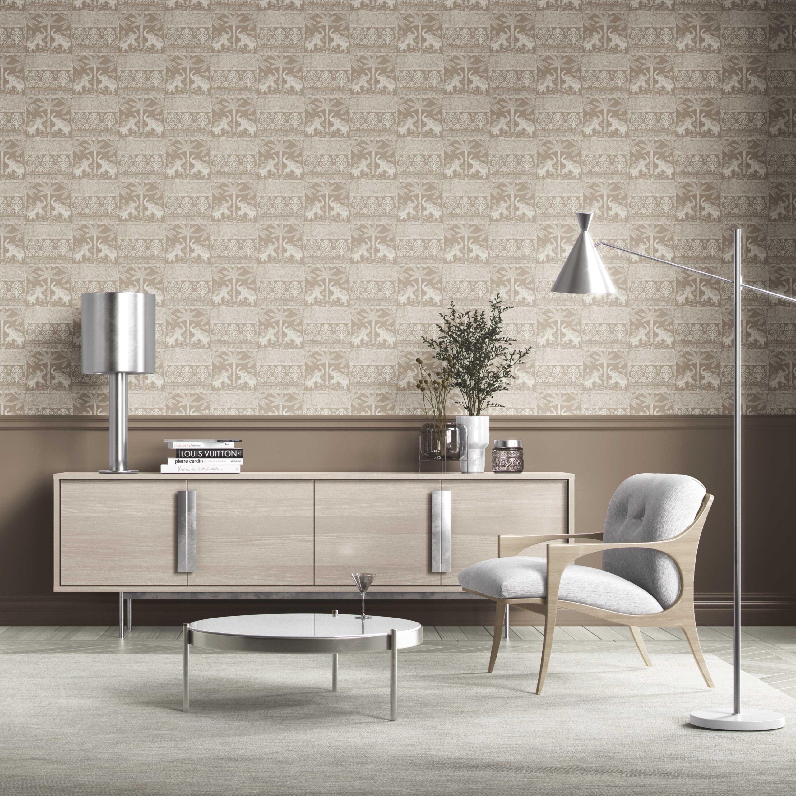 Ethnic/ Heritage Elephants & Animals Print Kitchen Wallpaper Sample (Beige/ Brown/ White)