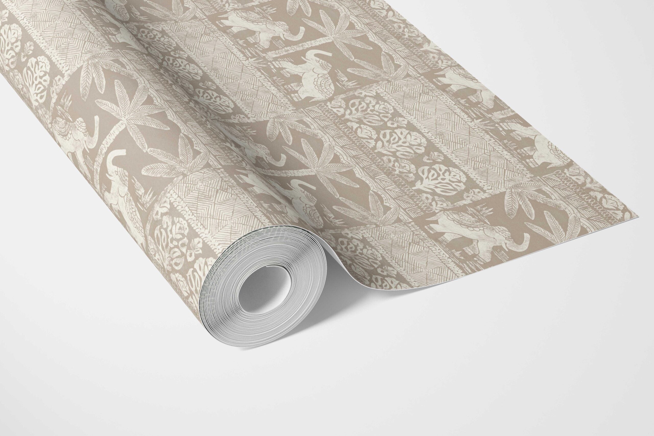 Ethnic/ Heritage Elephants & Animals Print Bathroom Wallpaper Sample (Beige/ Brown/ White)