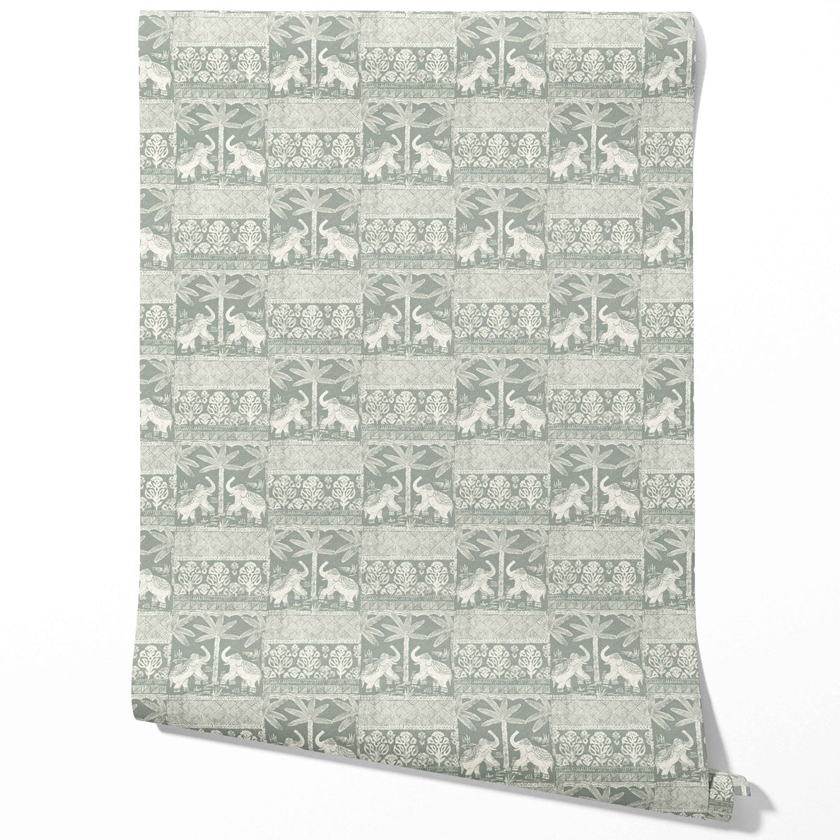 Ethnic/ Heritage Elephants & Animals Print Traditional Wallpaper Sample (Green-Gray/ White)