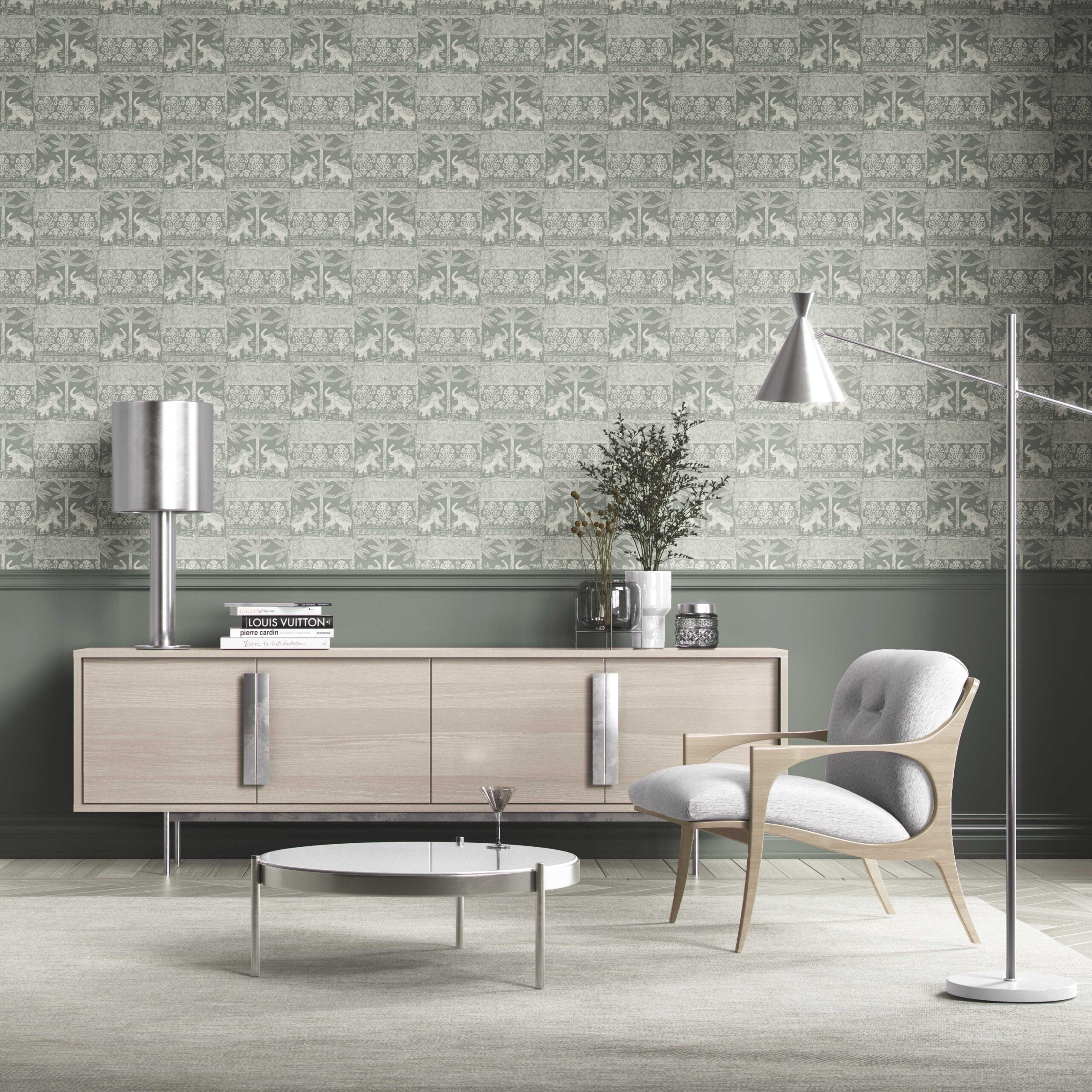 Ethnic/ Heritage Elephants & Animals Print Kitchen Wallpaper (Green-Gray/ White)