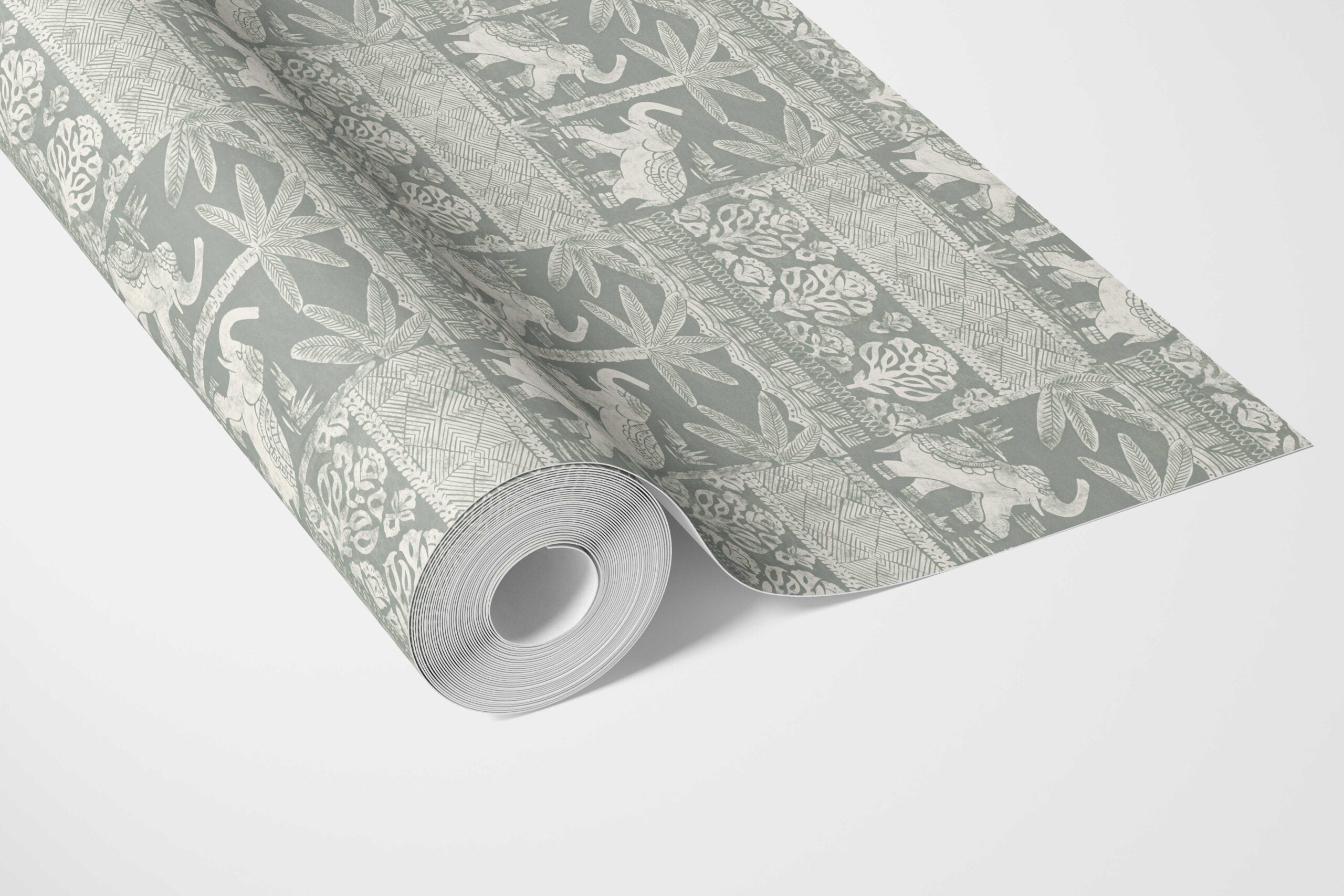 Ethnic/ Heritage Elephants & Animals Print Bathroom Wallpaper (Green-Gray/ White)